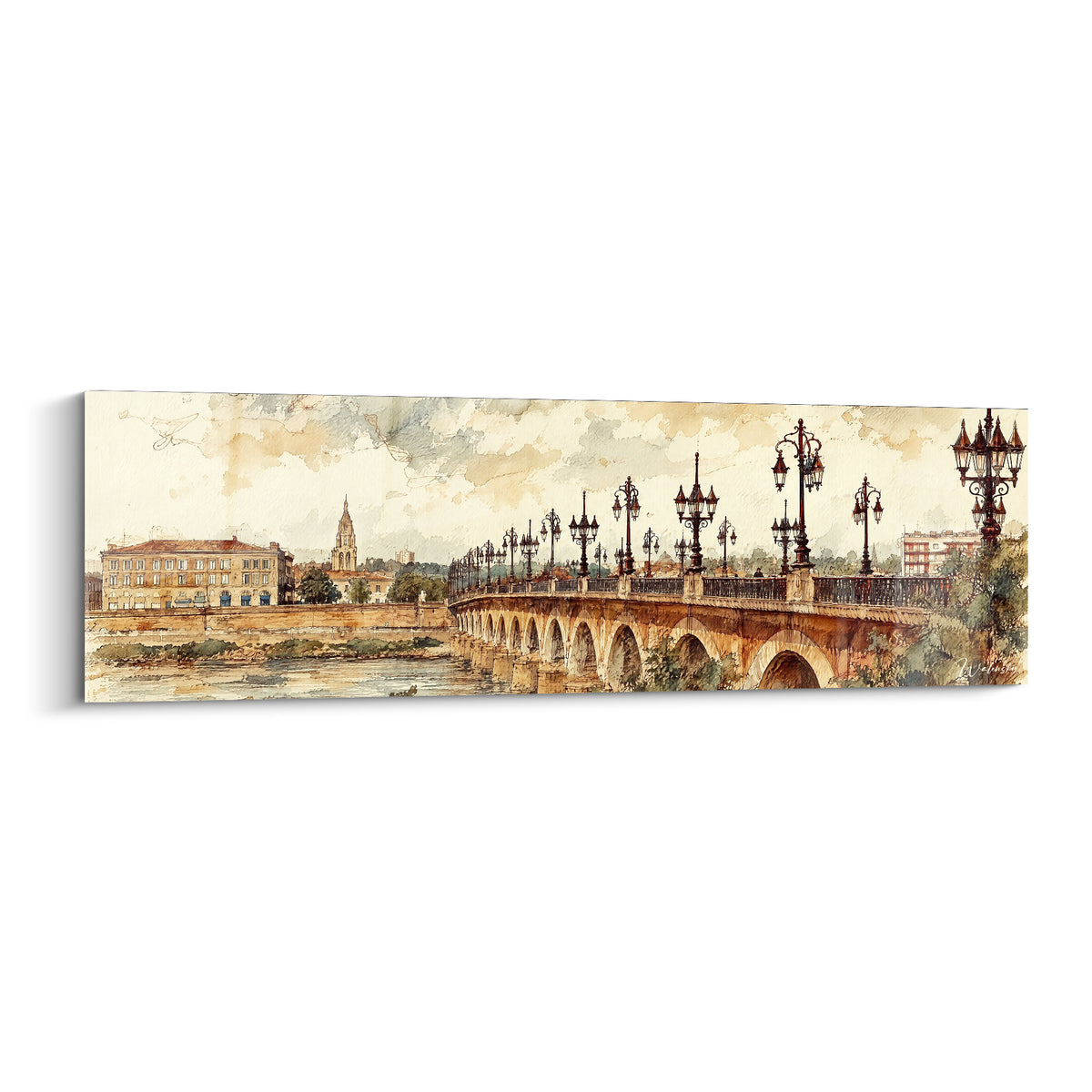 Pont de pierre bordelais aux arches ocre et réverbères noirs sous un ciel beige aquarelle