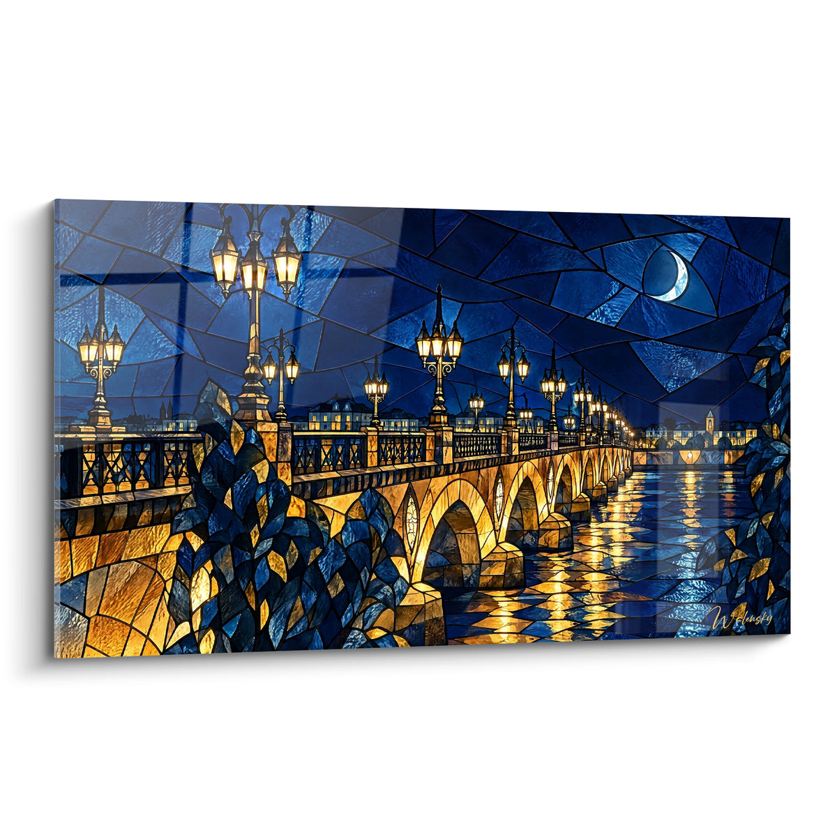Pont de pierre Bordeaux en vitrail bleu marine et doré sous un croissant de lune nocturne