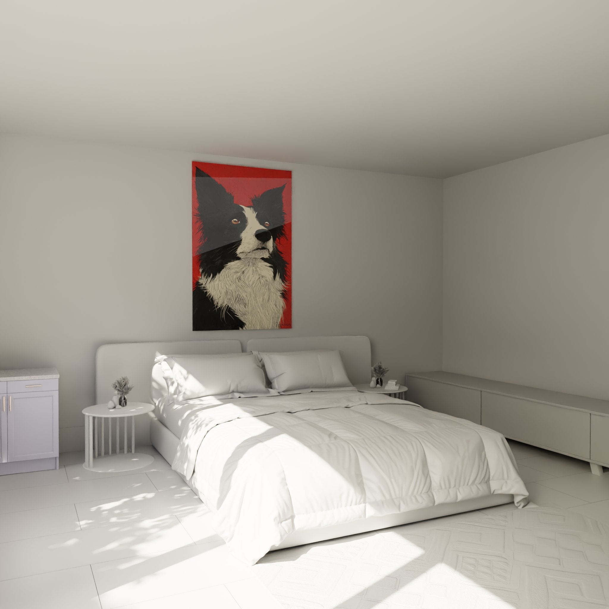Tableau border collie rouge et noir dans chambre moderne decoration murale animaux chien