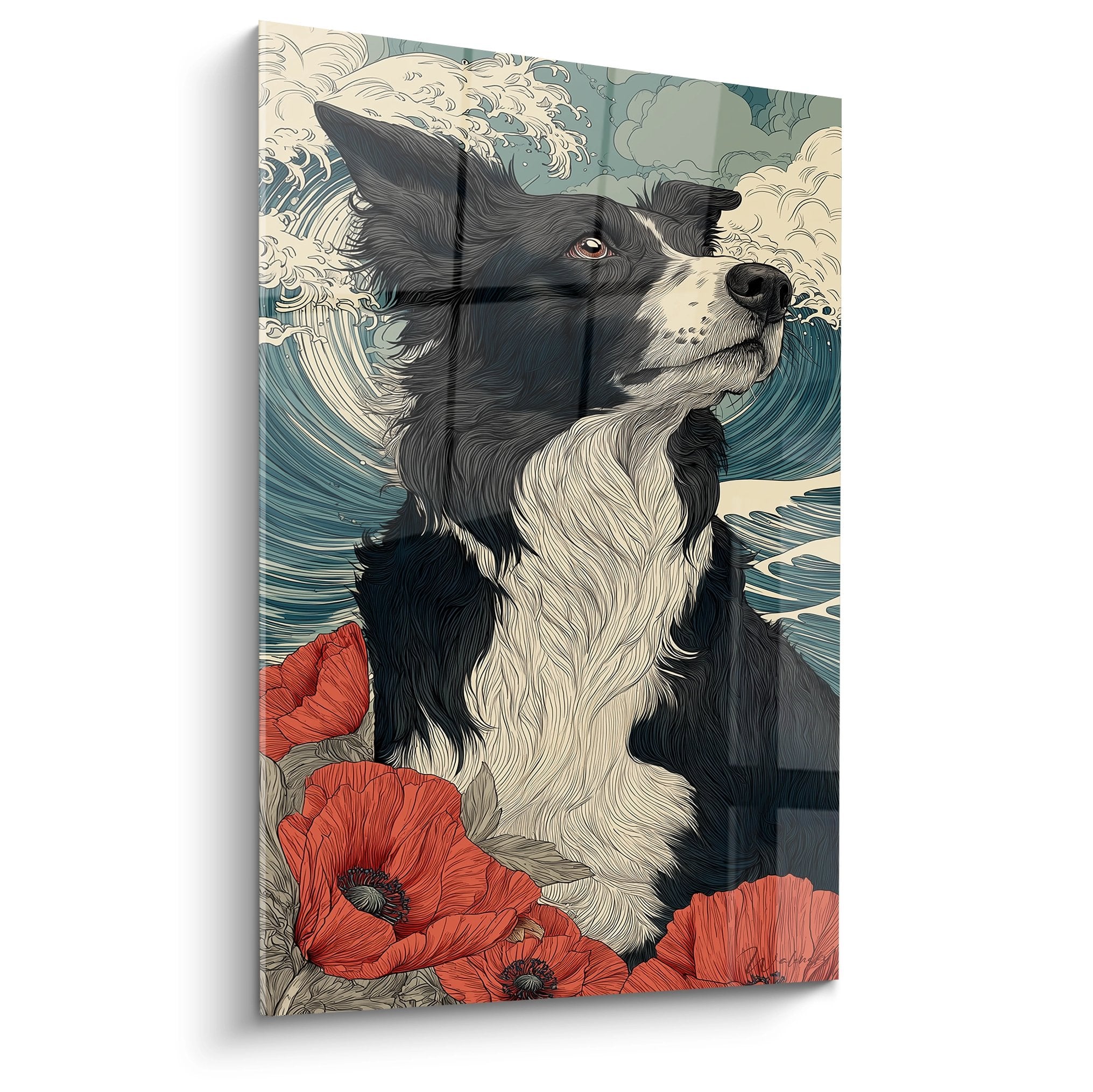 Gemälde Border Collie Schwarz-Weiß Blick nach oben rote Mohnblumen japanische Wellen Blaugrau Hundekunst