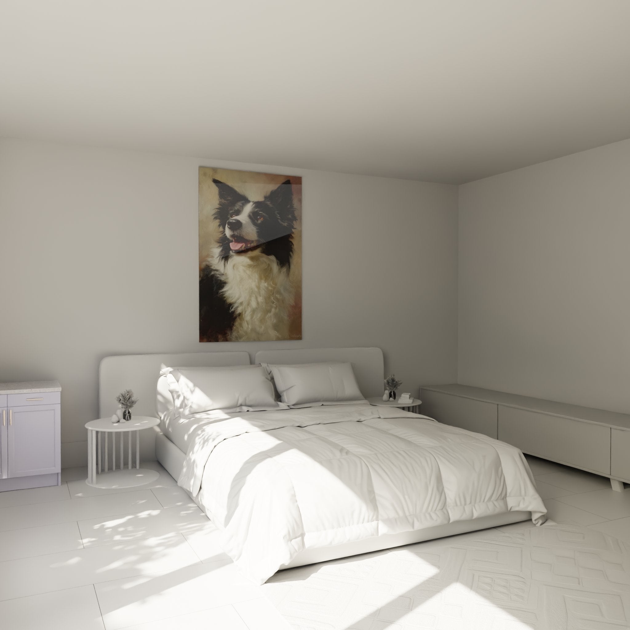 Tableau Border Collie portrait chien decoration chambre mur blanc ambiance chaleureuse