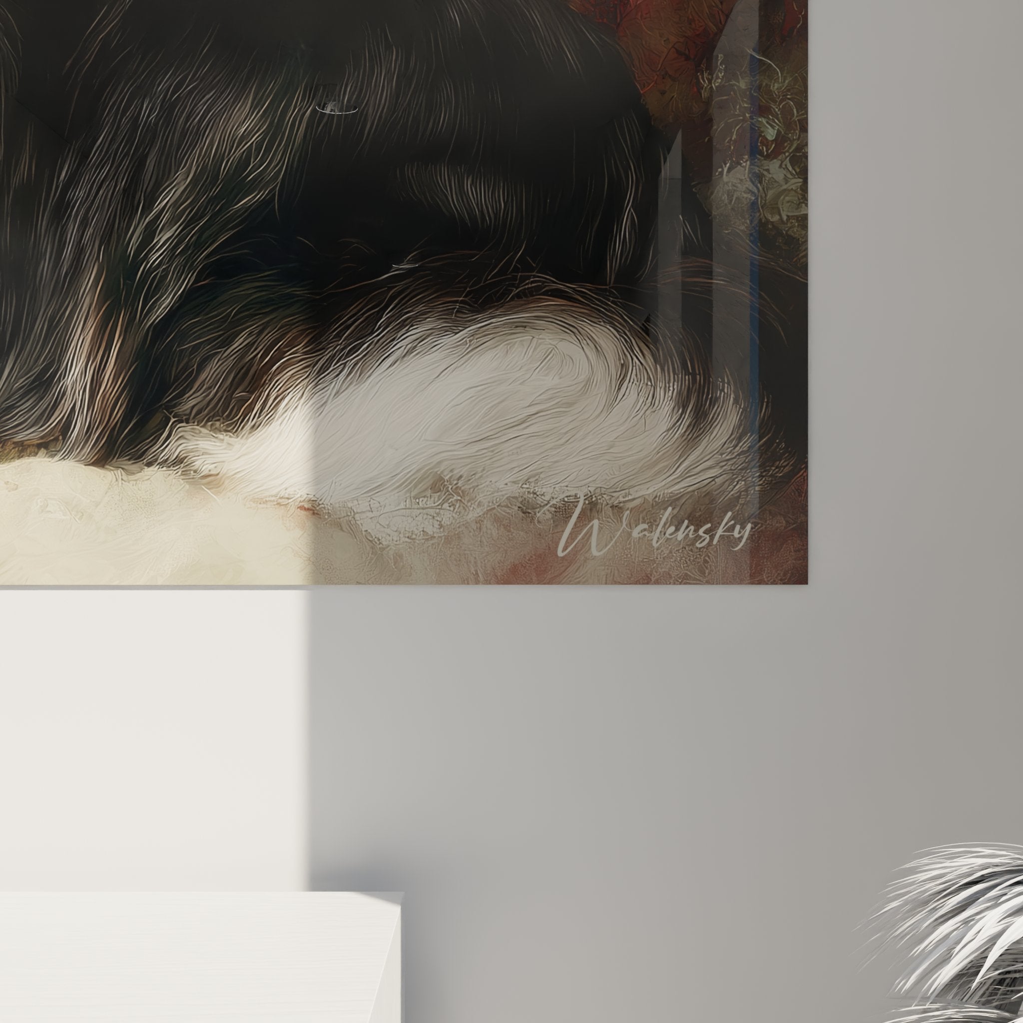 Vue ensemble tableau Border Collie portrait animalier fleurs roses décoration murale élégante