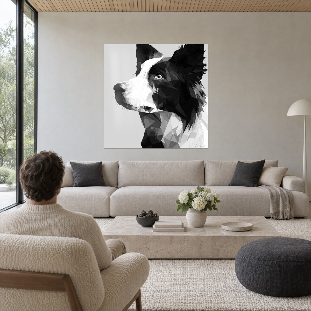 Πίνακας Border Collie σε προφίλ, λευκό μουσούδι και μαύρο αυτί σε γκρι facets, άντρας από πίσω πάνω από έναν καναπέ σε φωτεινό σαλόνι