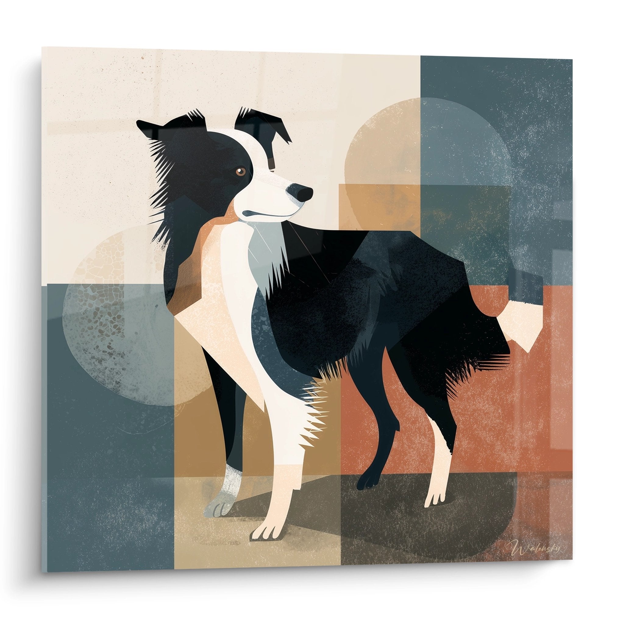 Modernes Border-Collie-Gemälde in Tricolor auf geometrischem Hintergrund mit Ocker- und Blaugrautönen