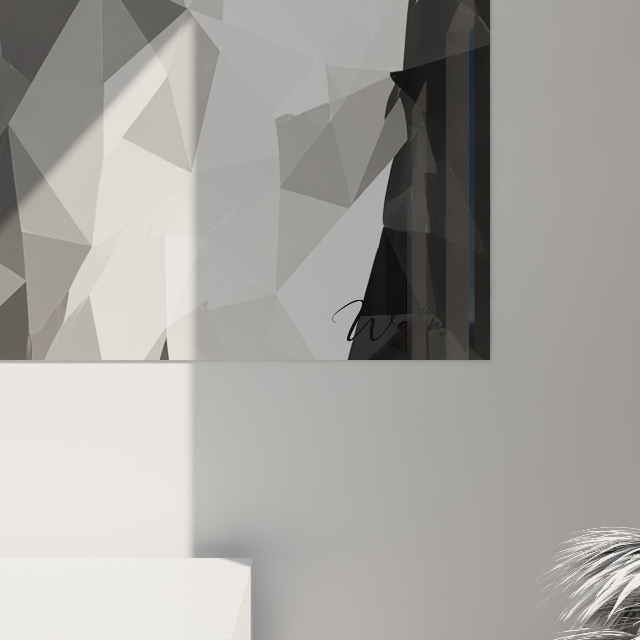 Vue ensemble tableau border collie geometrique decoration murale salon moderne noir blanc