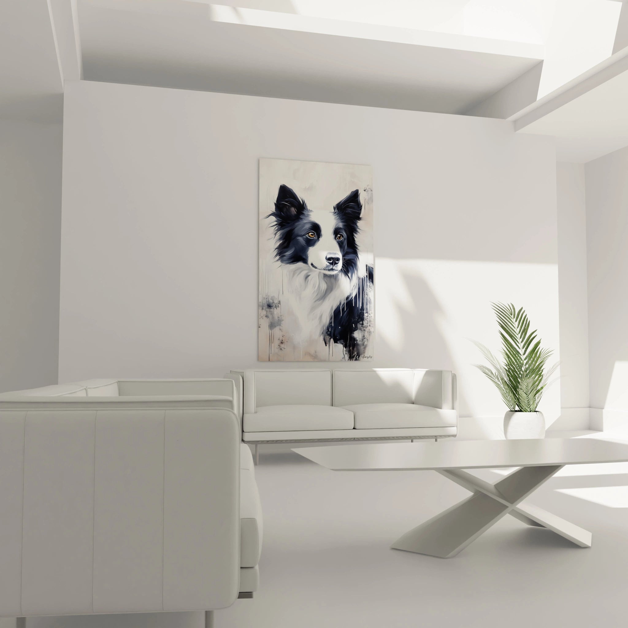 Un tableau border collie avec portrait frontal d'un chien au pelage noir et blanc contrasté. Regard perçant aux yeux ambrés, coups de pinceau dynamiques et effet de coulure artistique sur fond pâle.