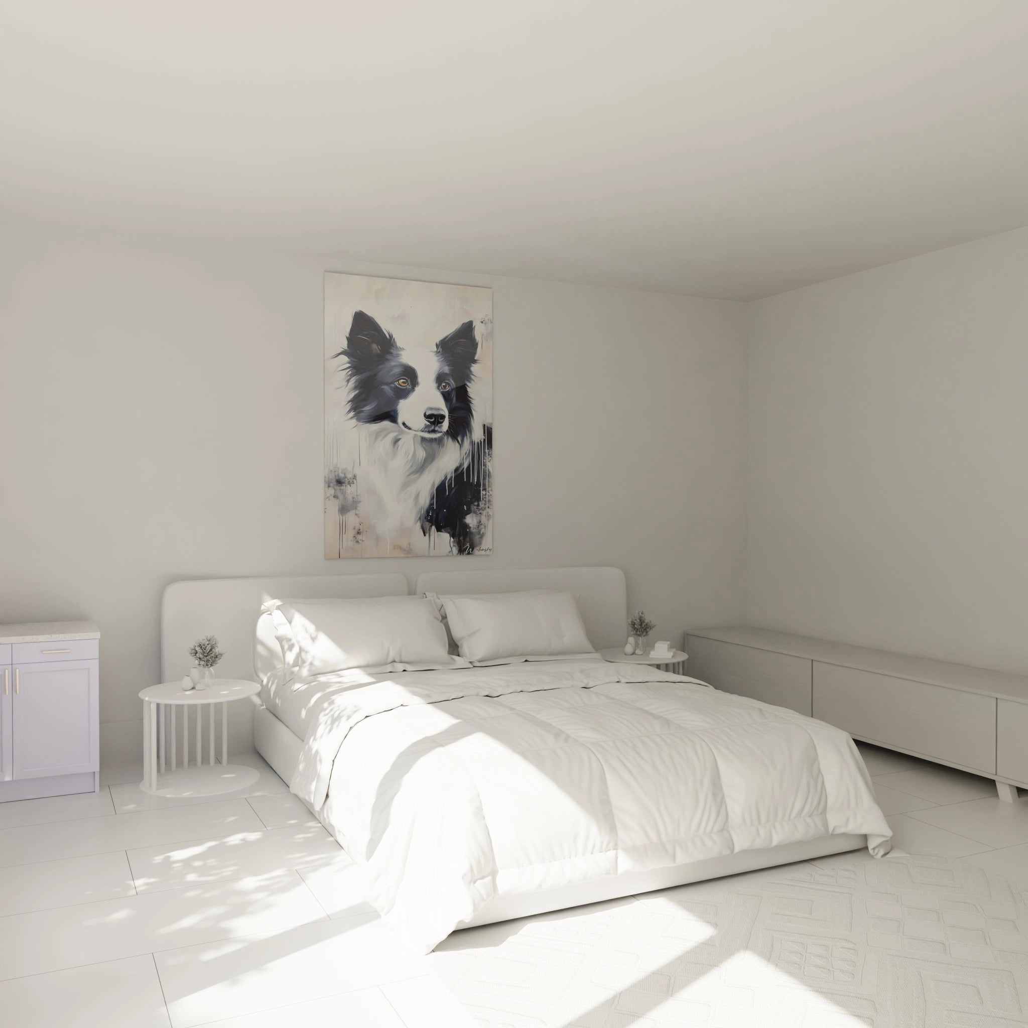 Un tableau border collie représentant le visage d'un chien de berger aux oreilles dressées. Dominance de noir et blanc avec touches de beige, technique mixte créant un effet de mouvement dans le pelage sur fond texturé.