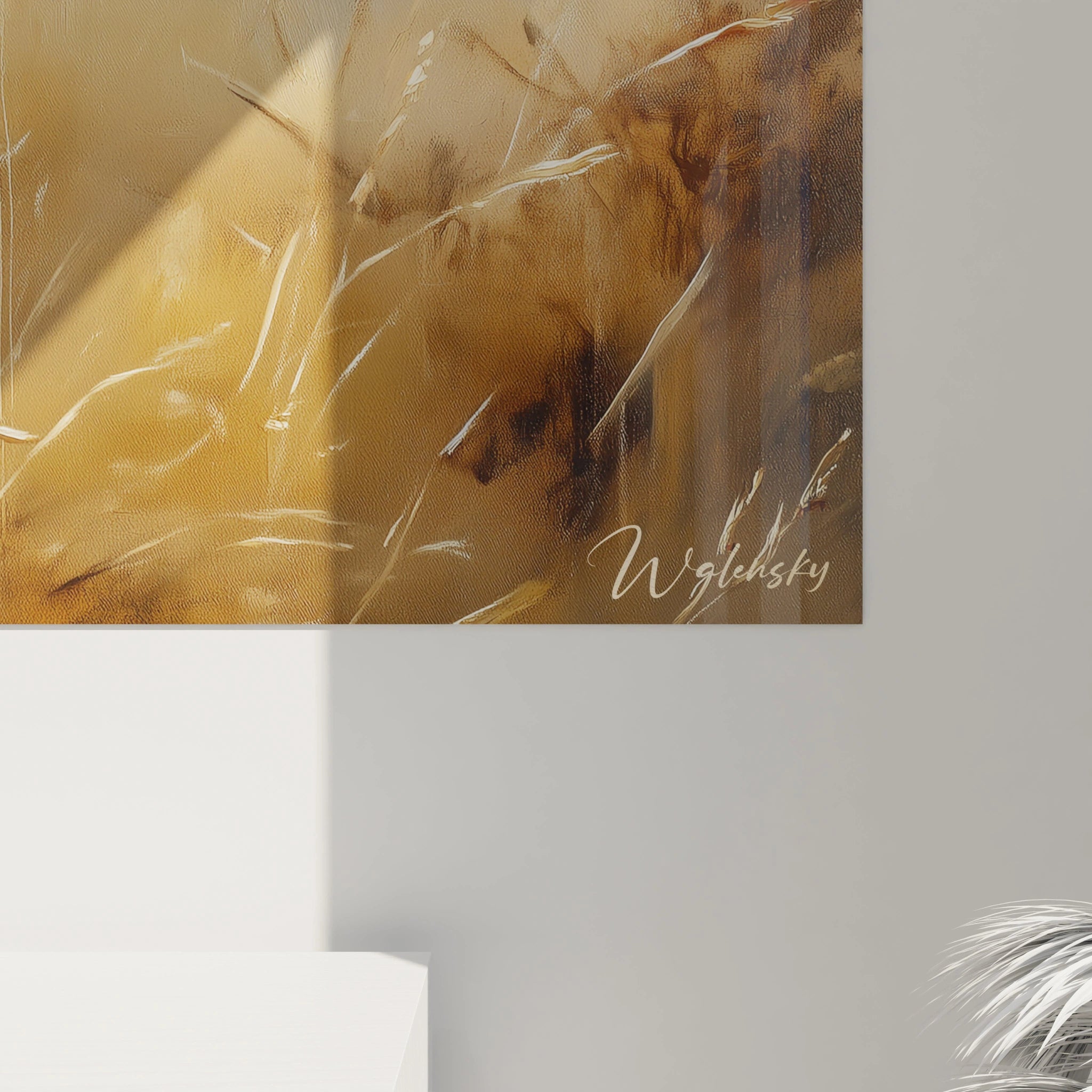 Un tableau border collie exhibant un portrait réaliste d'un chien noir et blanc au poil soyeux, observant l'horizon dans un paysage champêtre aux teintes beiges et dorées, avec des contrastes marqués et des transitions douces entre les différentes textures.