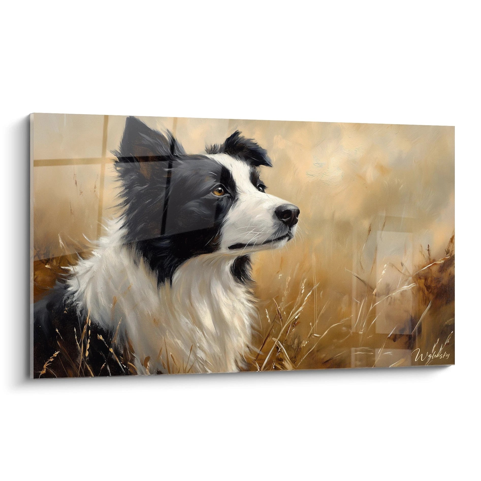 Un tableau border collie représentant un chien au pelage noir et blanc de profil, au regard attentif avec des yeux ambrés, sur fond de champ doré aux herbes sèches, textures lisses pour le pelage et touches impressionnistes pour l'arrière-plan.