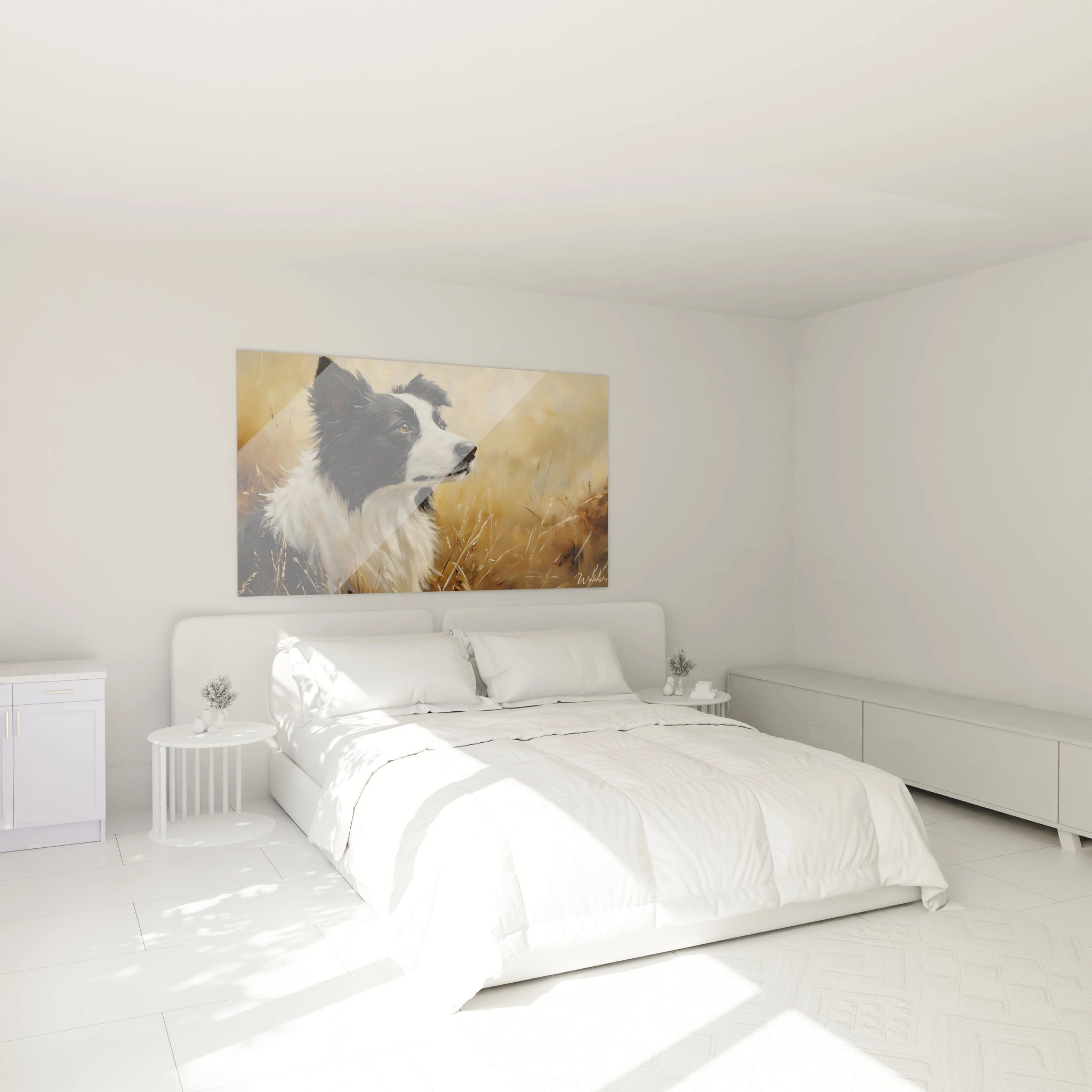 Un tableau border collie montrant un chien de berger en position d'alerte, au pelage contrasté noir sur la tête et blanc sur le poitrail, dans un environnement rural doré, avec des coups de pinceau précis sur le sujet et plus libres pour le fond.