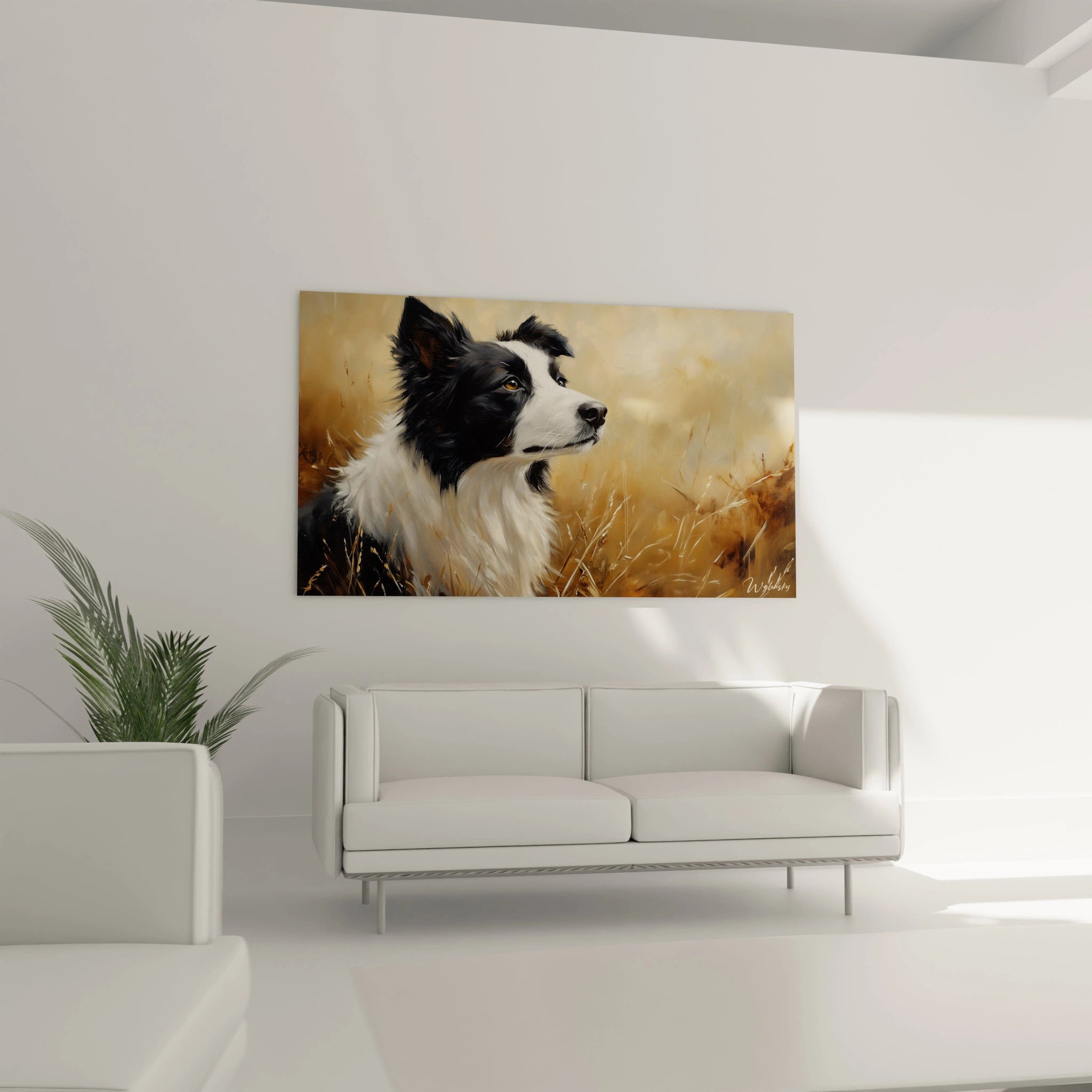 Un tableau border collie présentant le profil d'un chien de race pure aux oreilles dressées et au regard vif, immergé dans un champ de céréales dorées, avec un travail minutieux des textures du pelage et une lumière chaude baignant la scène.