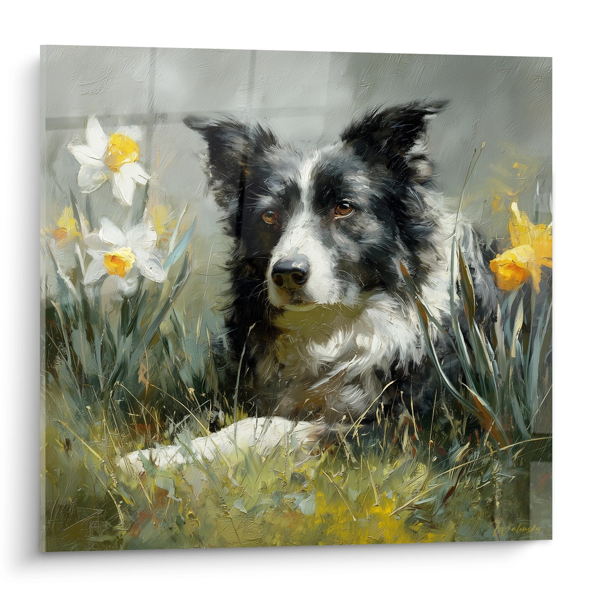 Gemälde Border Collie schwarz-weiß in einem Feld von goldenen Narzissen, impressionistische Frühjahrsmalerei