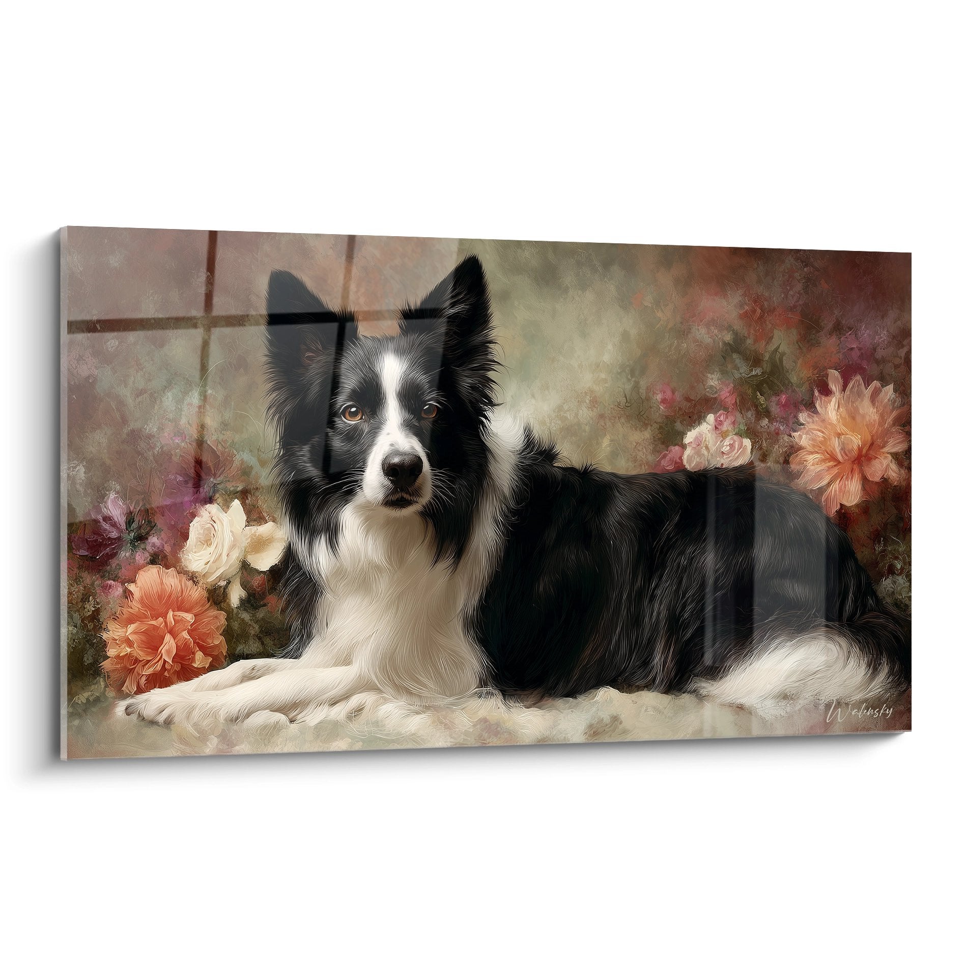 Portrait artistique Border Collie noir et blanc entouré pivoines roses sur coussin blanc fond floral romantique