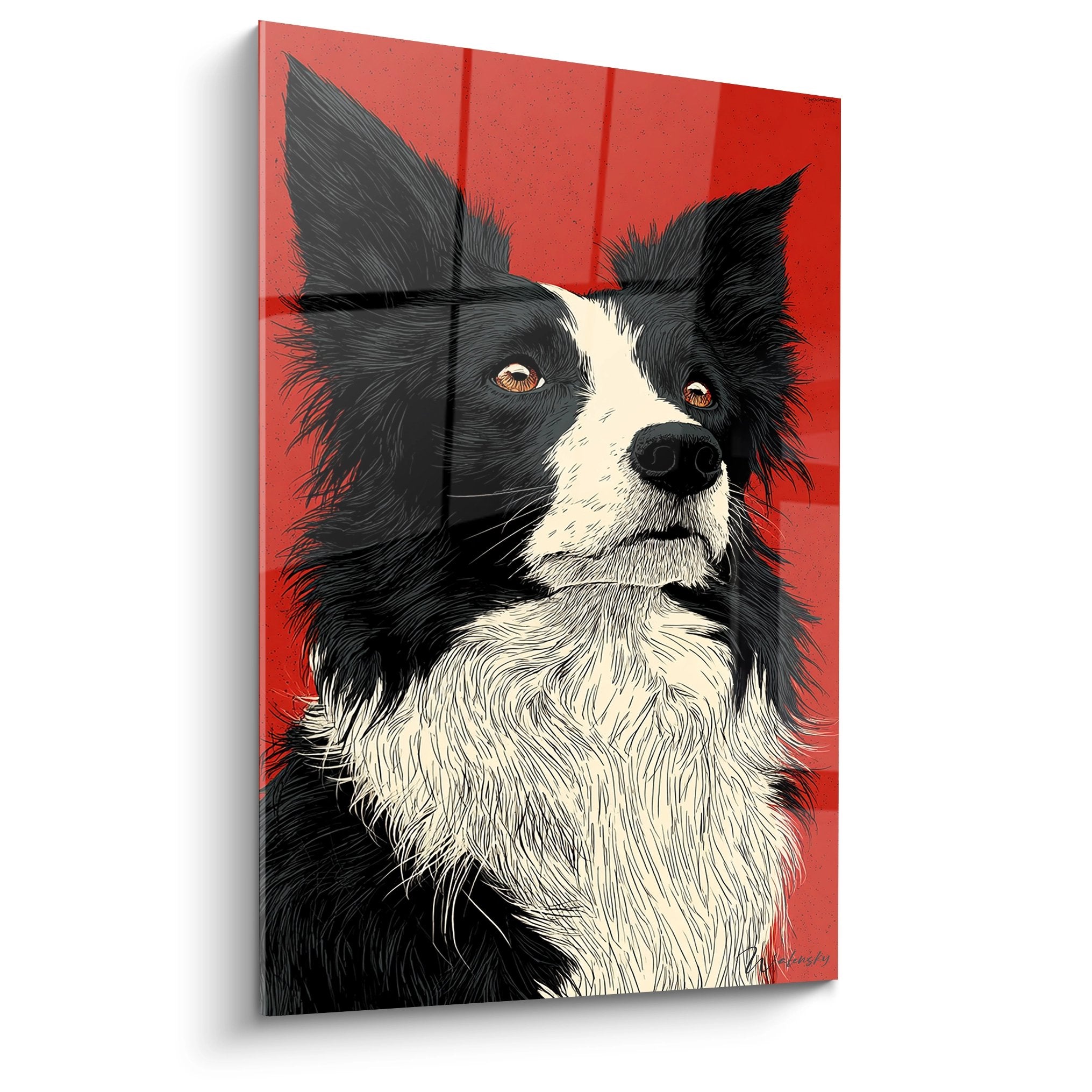 Tableau border collie noir et blanc sur fond rouge vif portrait canin expressif decoration murale