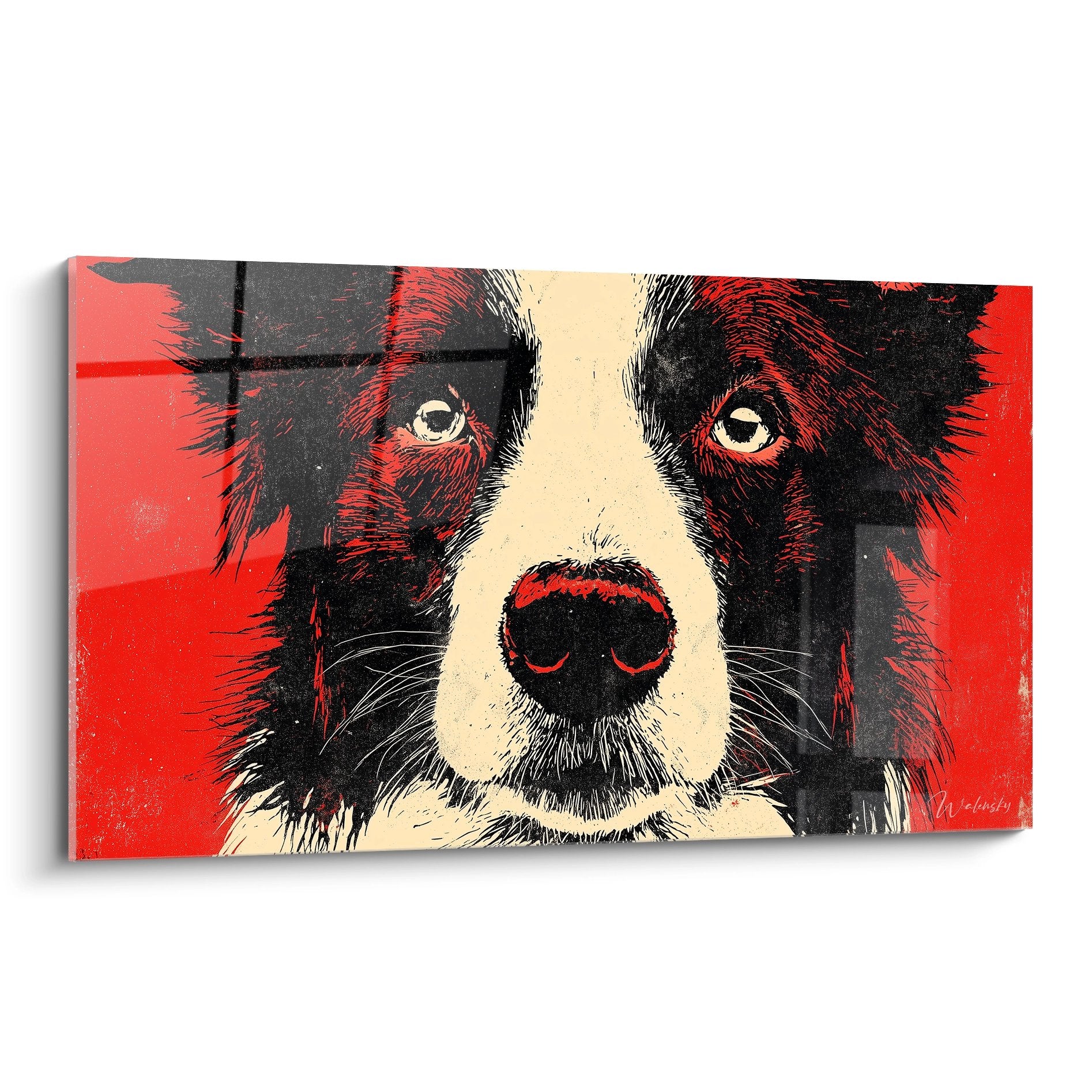Tableau border collie portrait artistique rouge et noir regard intense style pop art contemporain