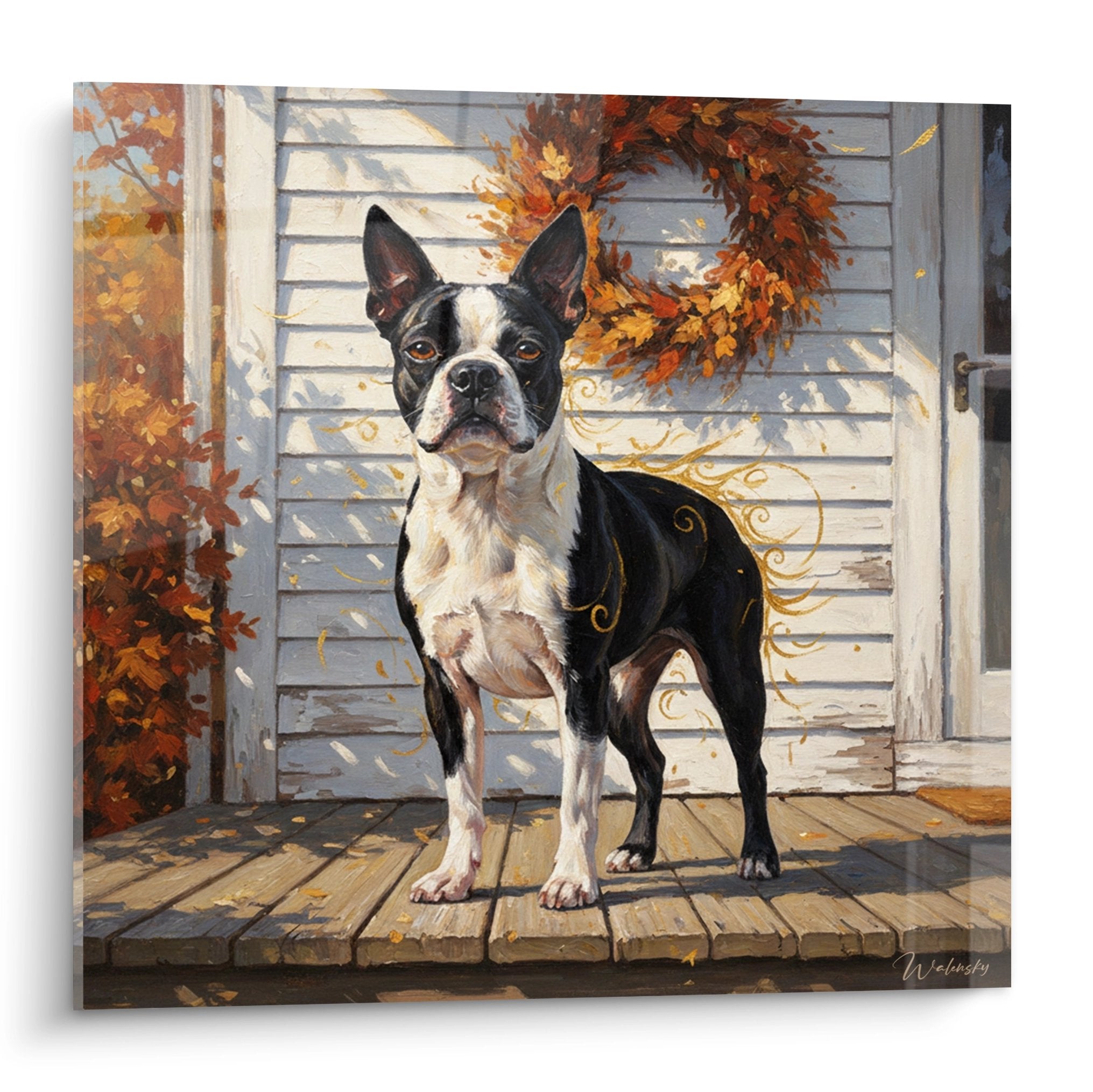 Tableau Boston Terrier noir et blanc sur terrasse automne avec couronne feuilles oranges