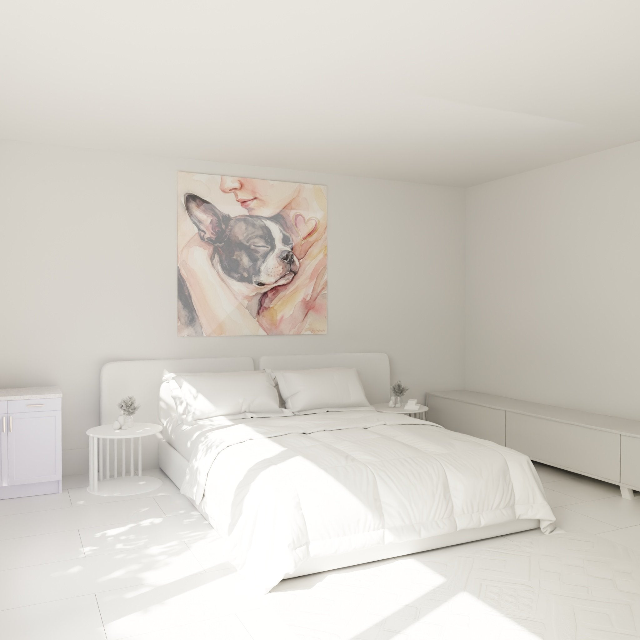 Tableau aquarelle Boston Terrier et cœur doré dans chambre moderne aux tons roses apaisants