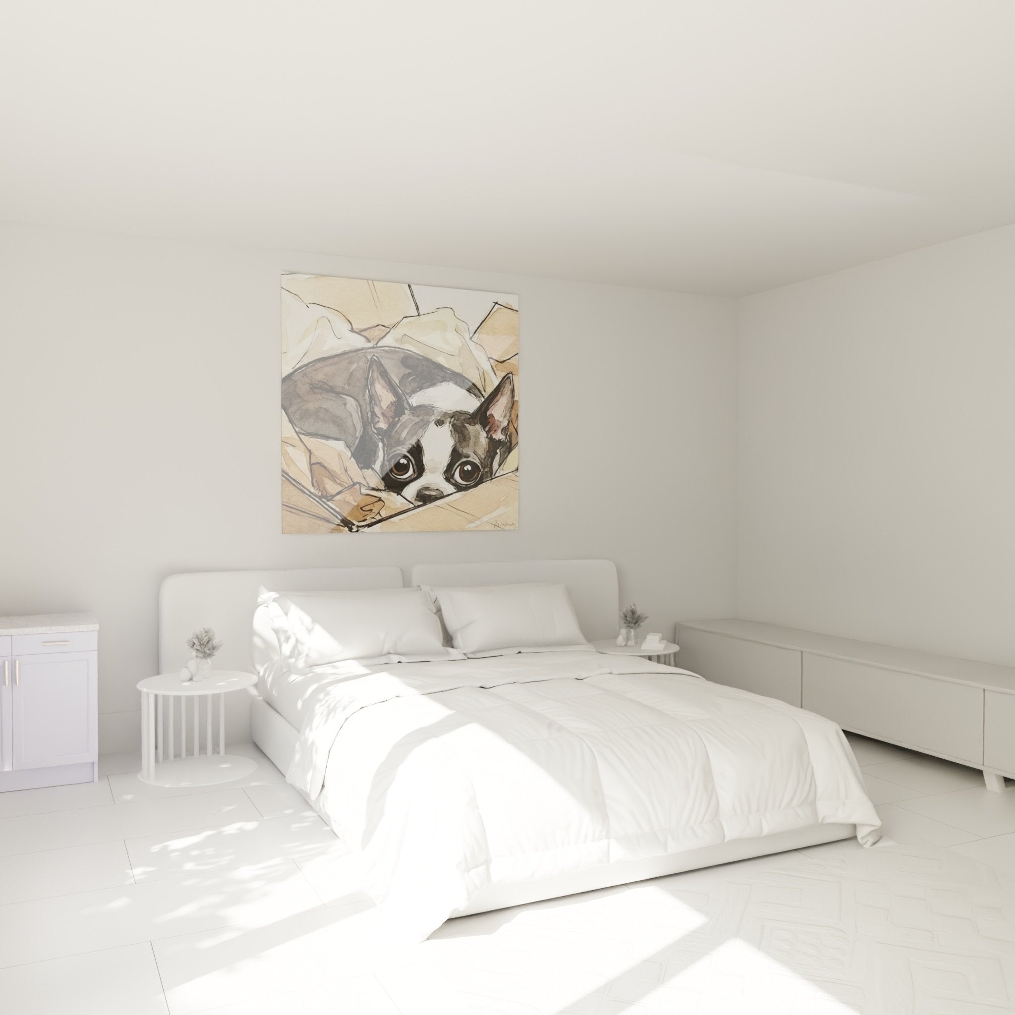 Tableau Boston Terrier aquarelle dans chambre moderne, décoration murale chien noir blanc, ambiance cosy