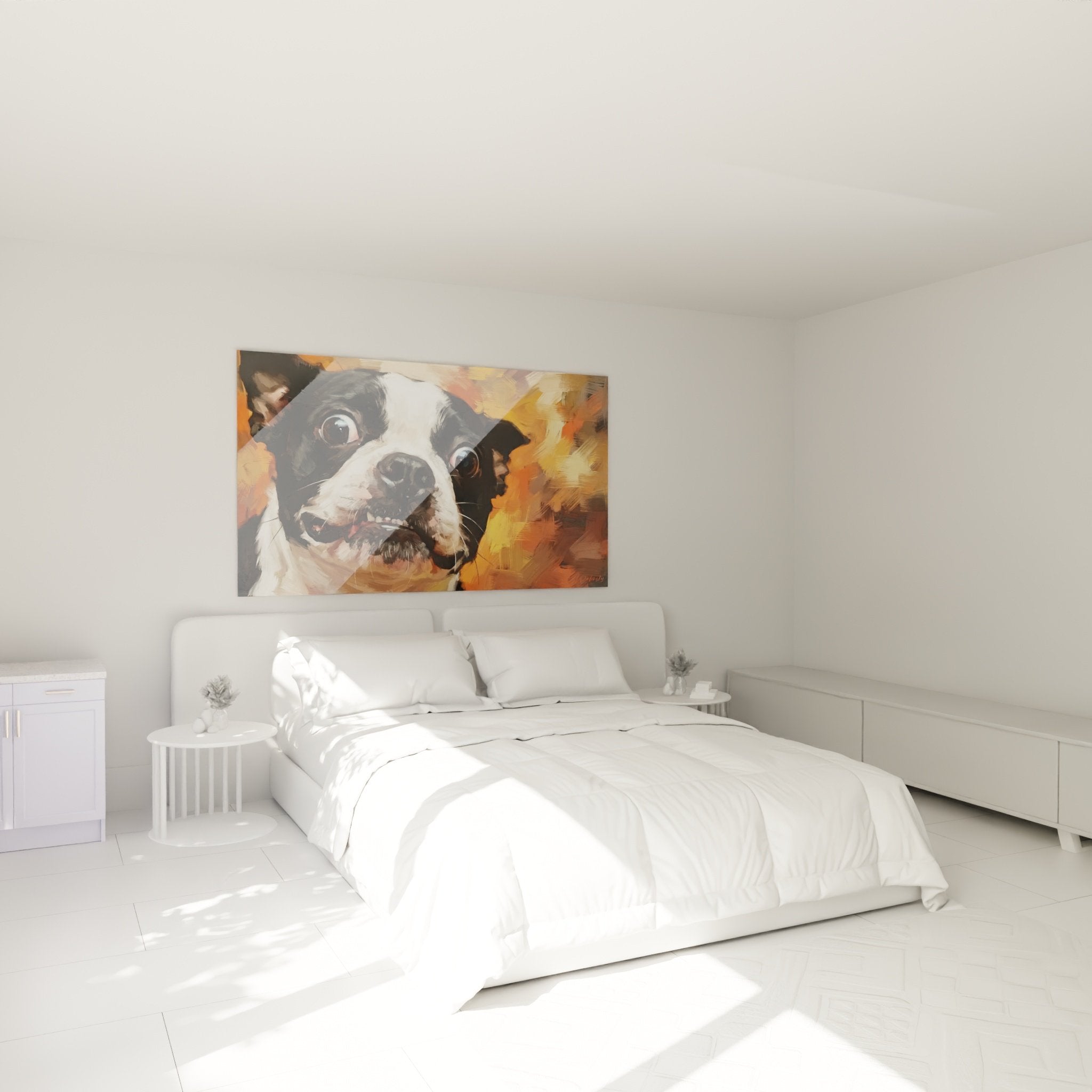 Boston Terrier wall art decorating contemporary style bedroom with warm tones