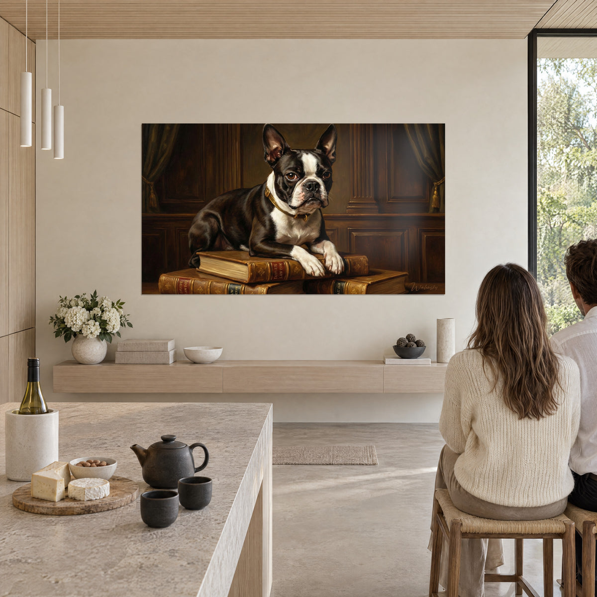 Πίνακας διακεκριμένου Boston Terrier, όρθια αυτιά, βλέμμα φουντουκί, σοκολατί ξύλινες επενδύσεις και μπορντό βιβλιοδεσίες, θέα από ανοιχτή κουζίνα