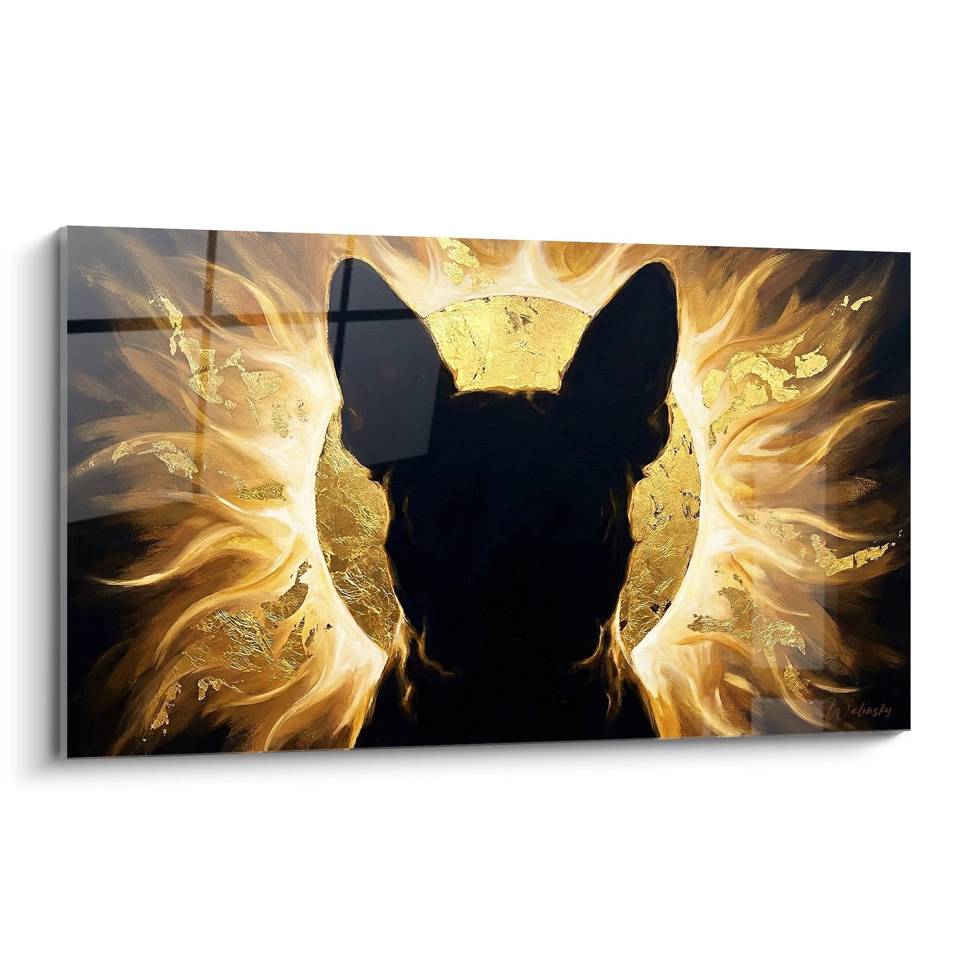 tableau boston terrier silhouette noire tourbillons dores flammes mystique art contemporain mural decoration
