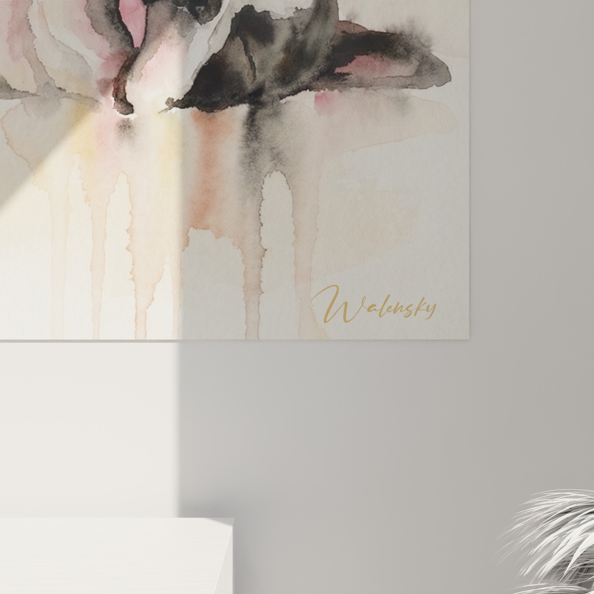 Gesamtansicht Boston Terrier Aquarell Gemälde rosa grau zeitgenössische Innendekoration