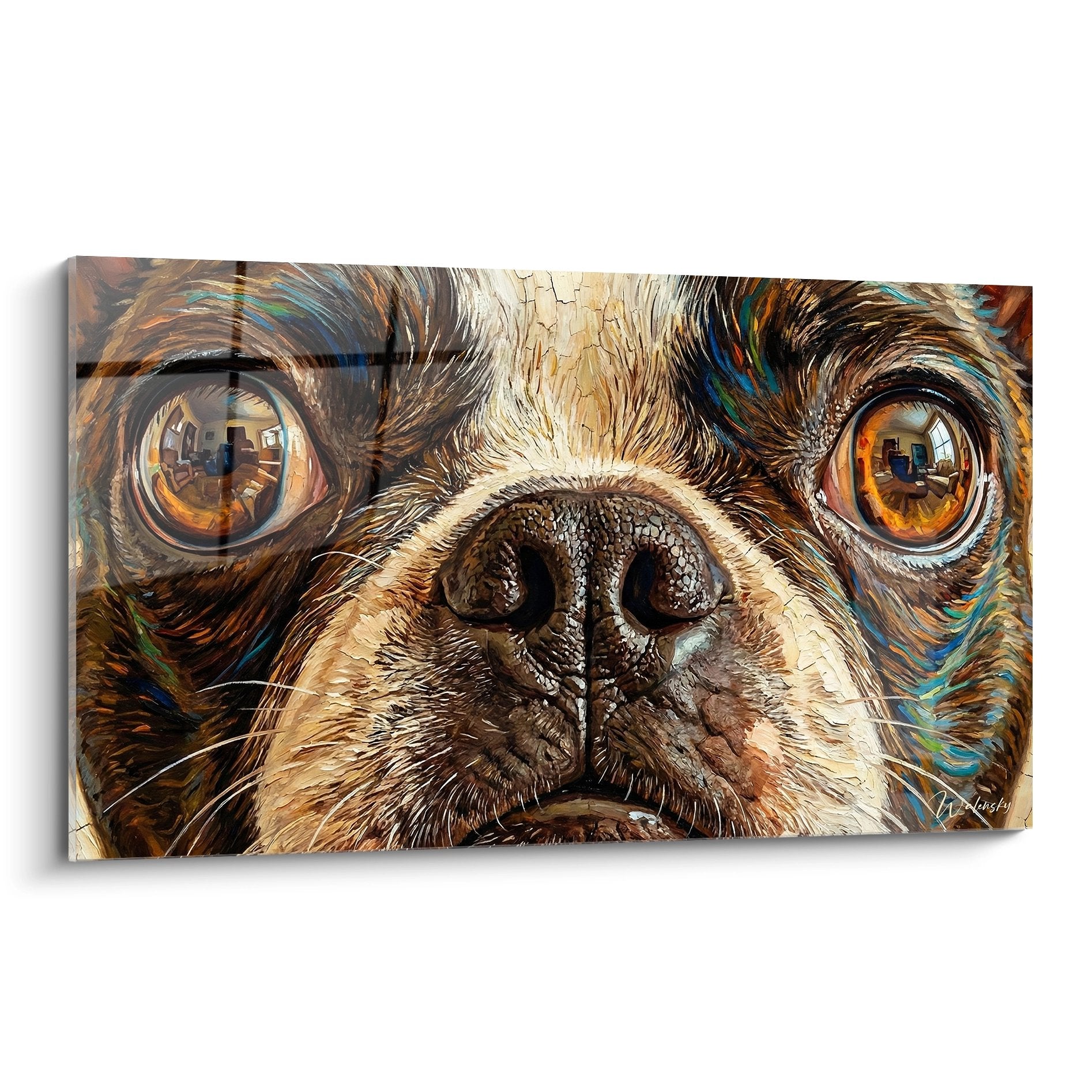 Portrait Boston Terrier aux yeux dores expressifs avec reflets urbains peinture realiste decoration murale chaleureuse
