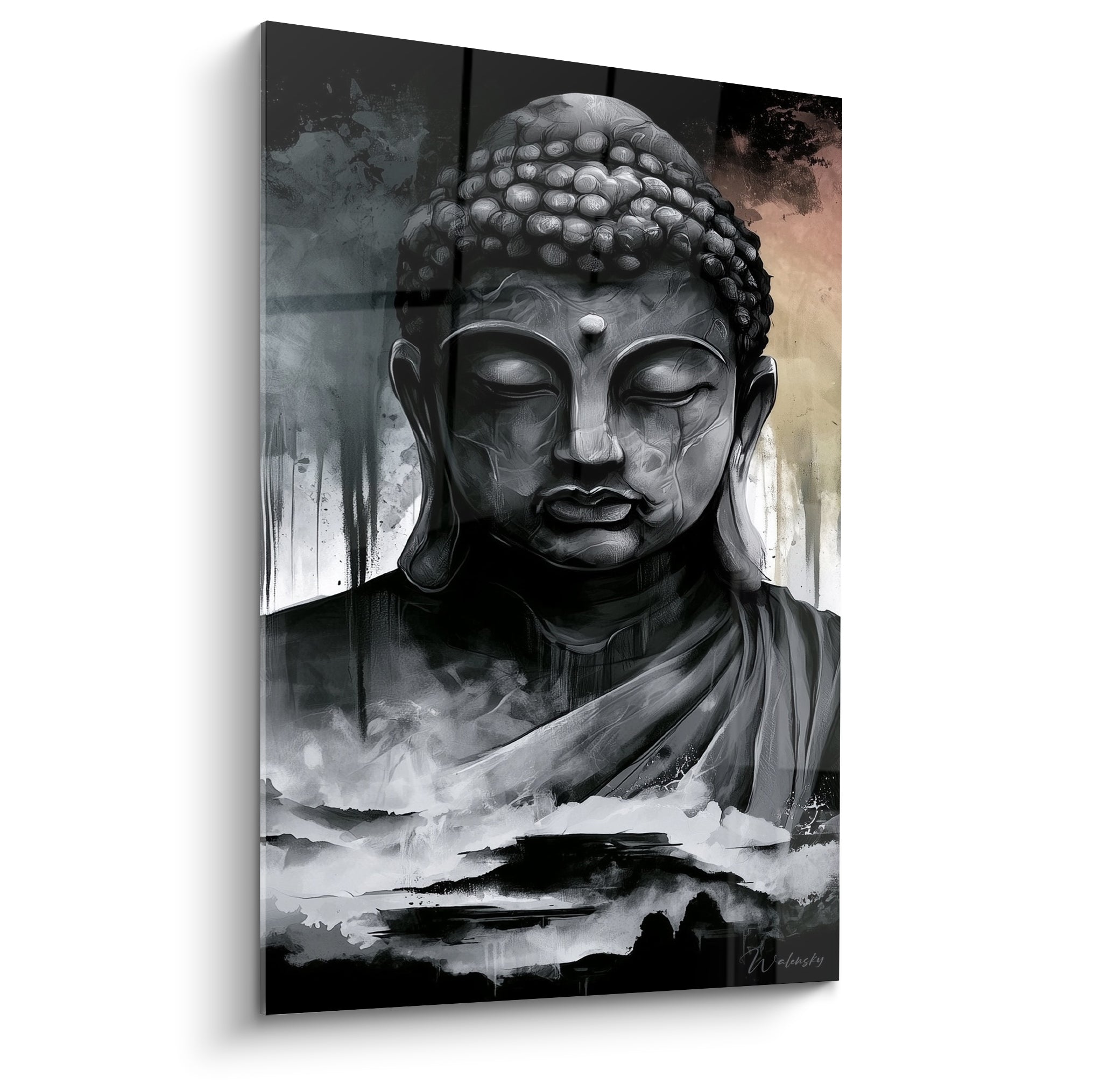 Bouddha anthracite aux yeux clos, coulures blanches et lueur ambrée en toile de fond