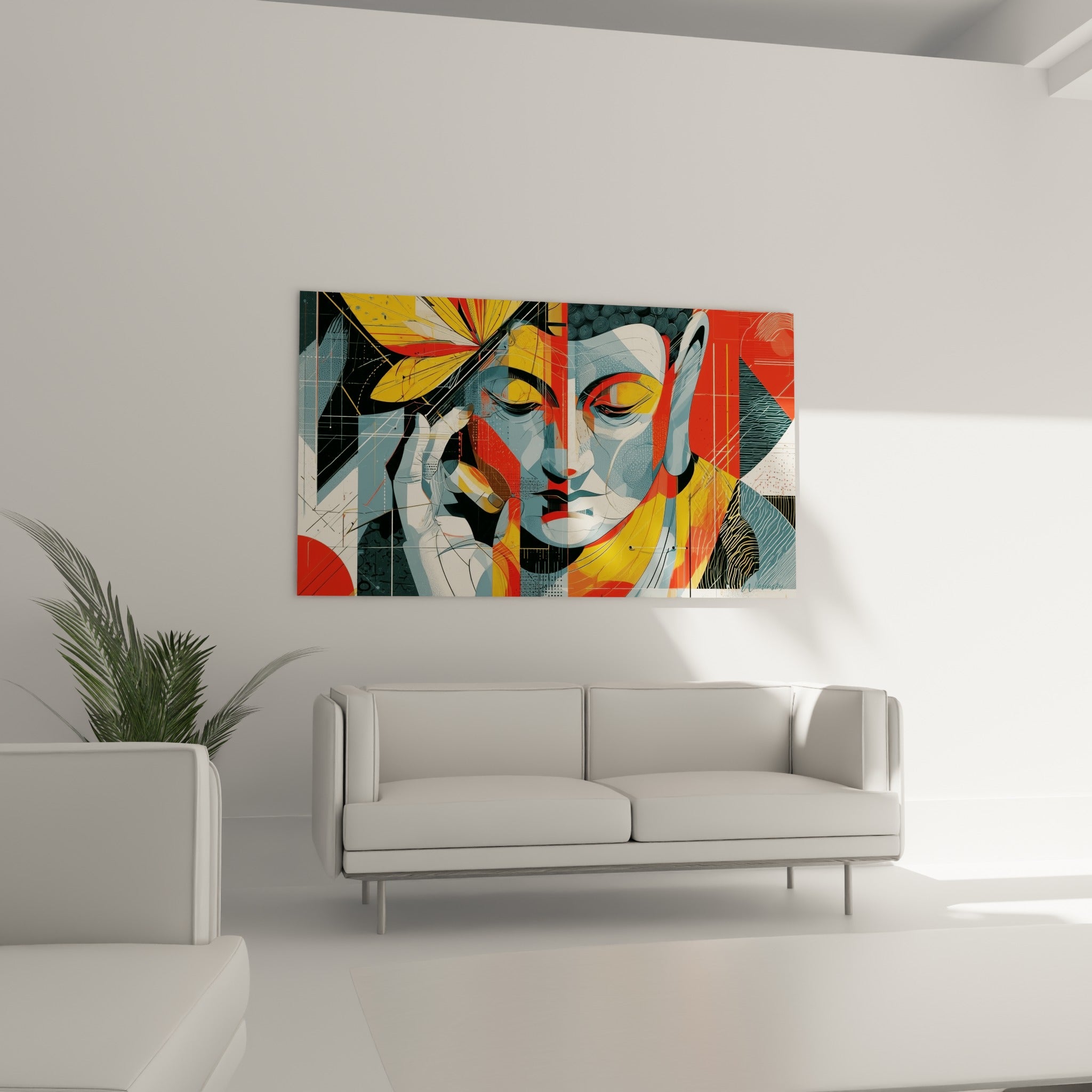 Visage serein du Bouddha en aplats géométriques rouge et anthracite, au-dessus d'un canapé dans un salon lumineux