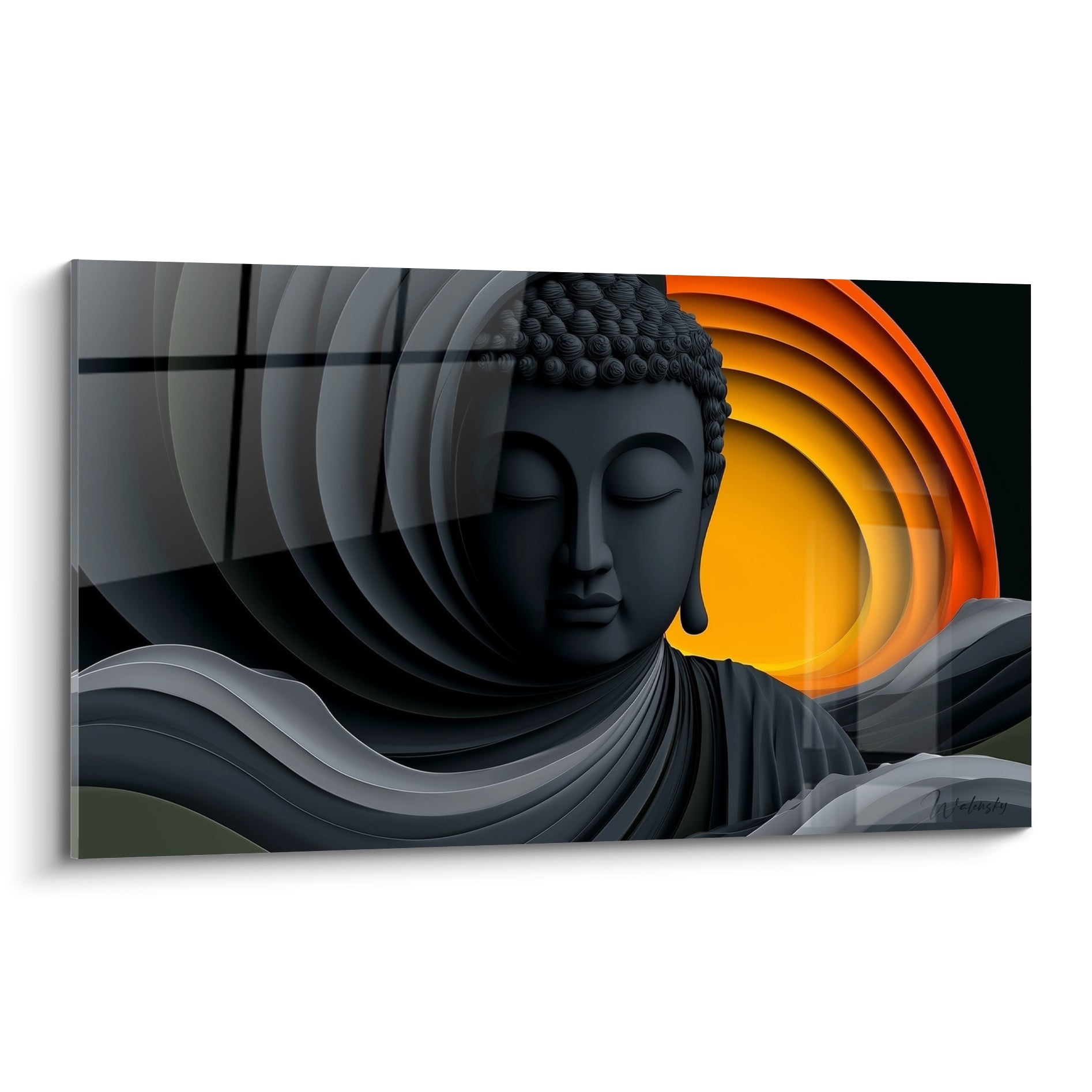 Visage de Bouddha anthracite aux yeux clos devant un halo doré et orange concentrique