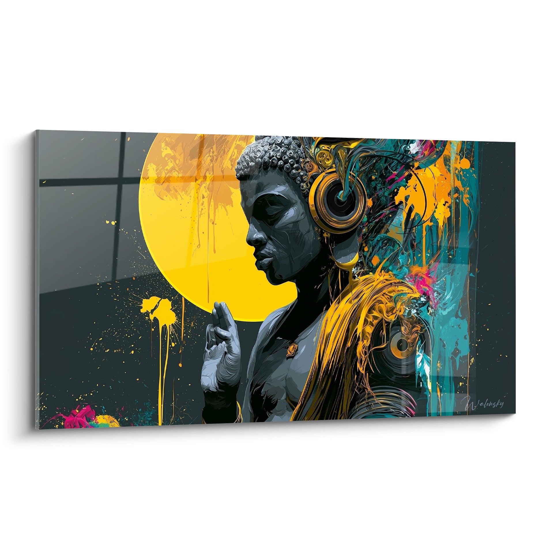 Bouddha anthracite en profil, disque jaune vif et coulures turquoise, style graffiti urbain