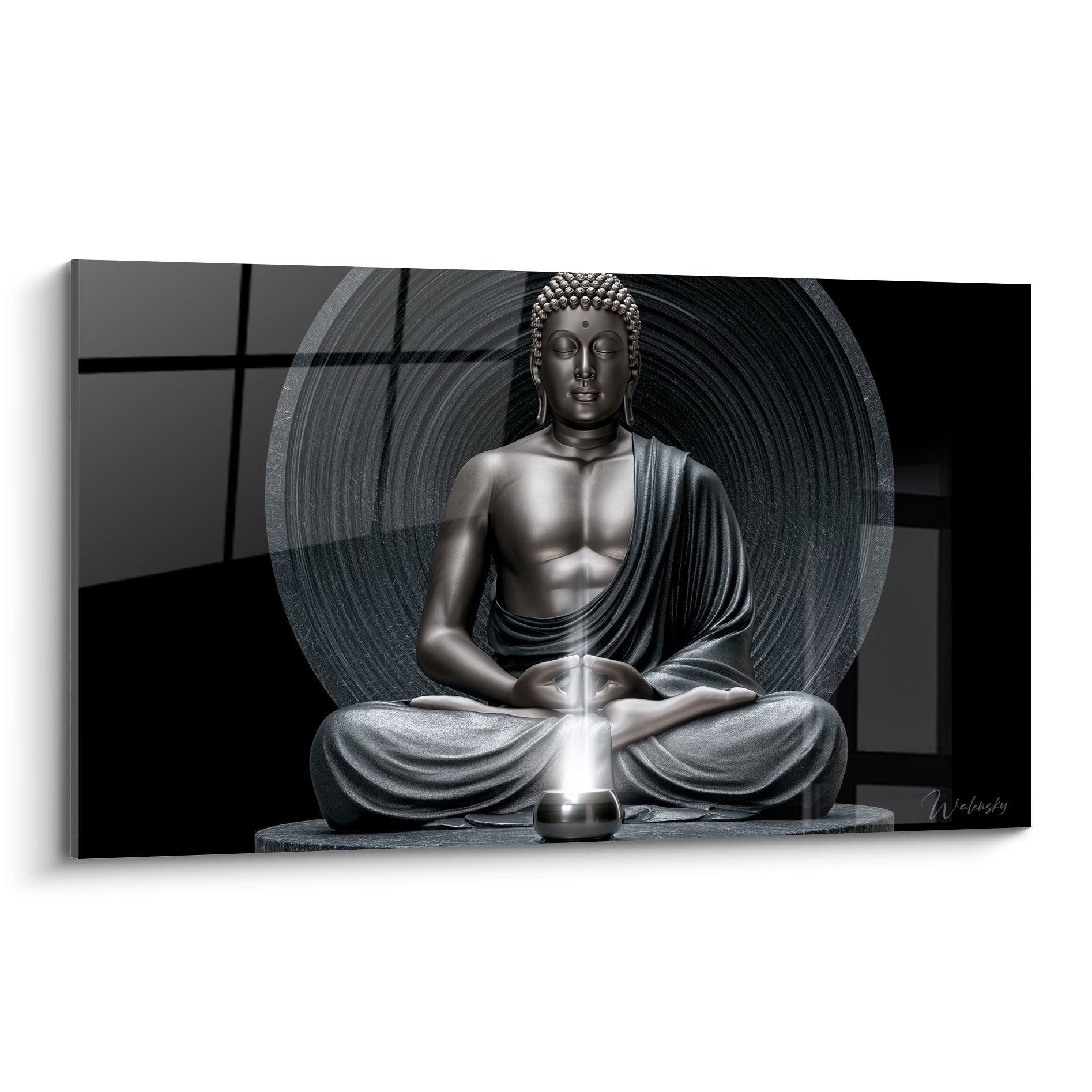 Bouddha anthracite et argenté en méditation, lumière blanche centrale sur fond spirale noire