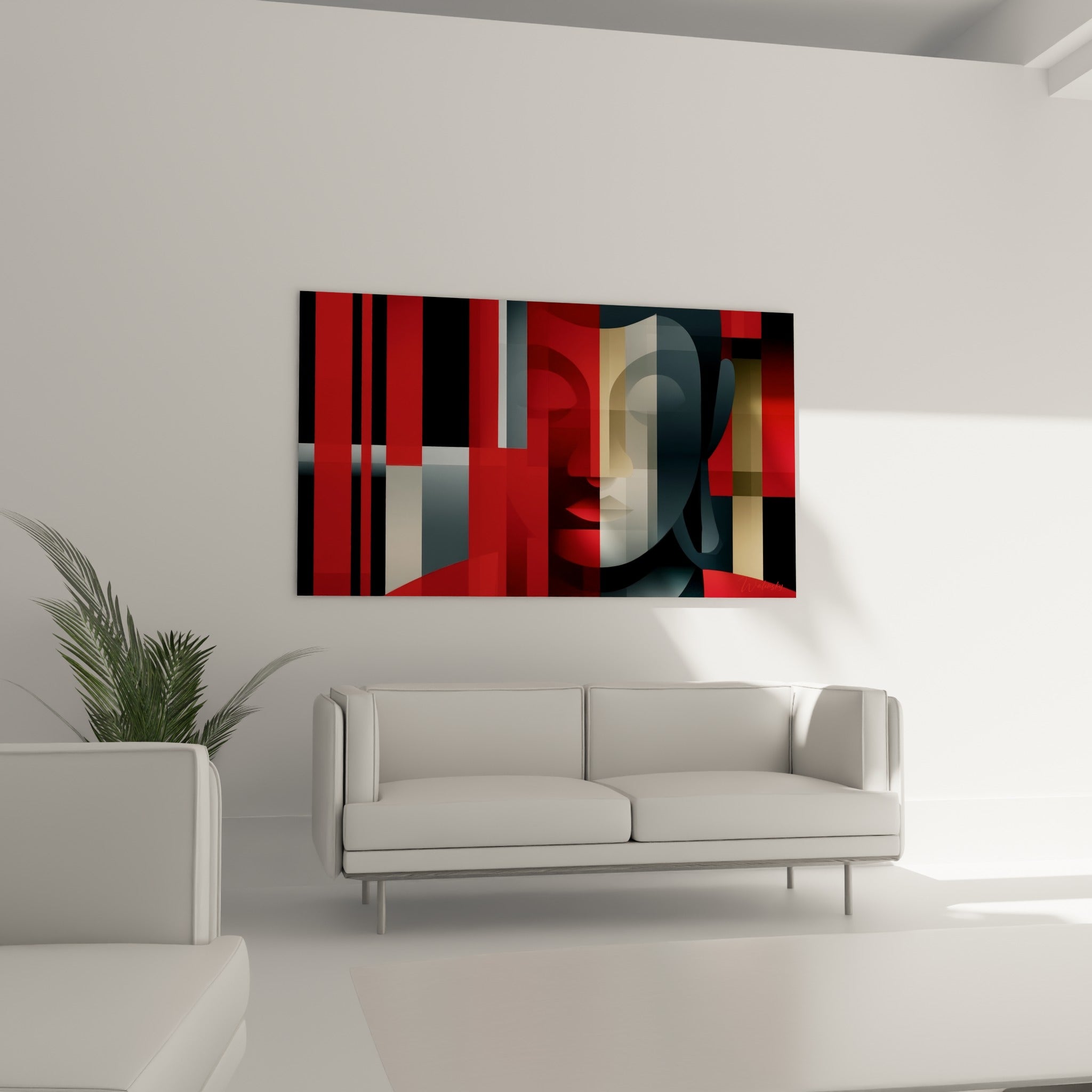 Sérénité du Bouddha en rouge profond et gris anthracite, au-dessus d'un canapé dans un salon lumineux