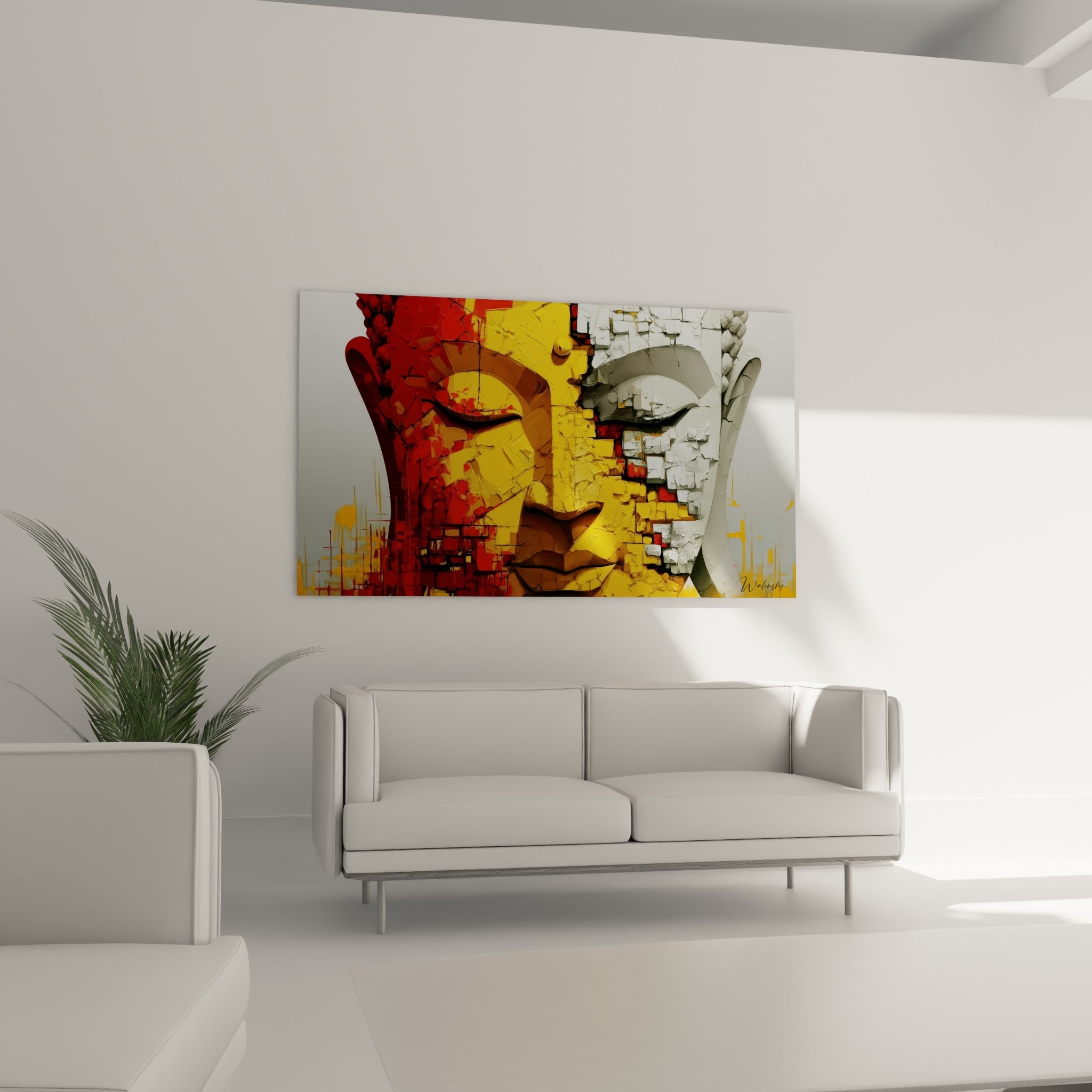 Visage de Bouddha aux teintes ocre et anthracite disposé au-dessus d'un canapé dans un salon lumineux.
