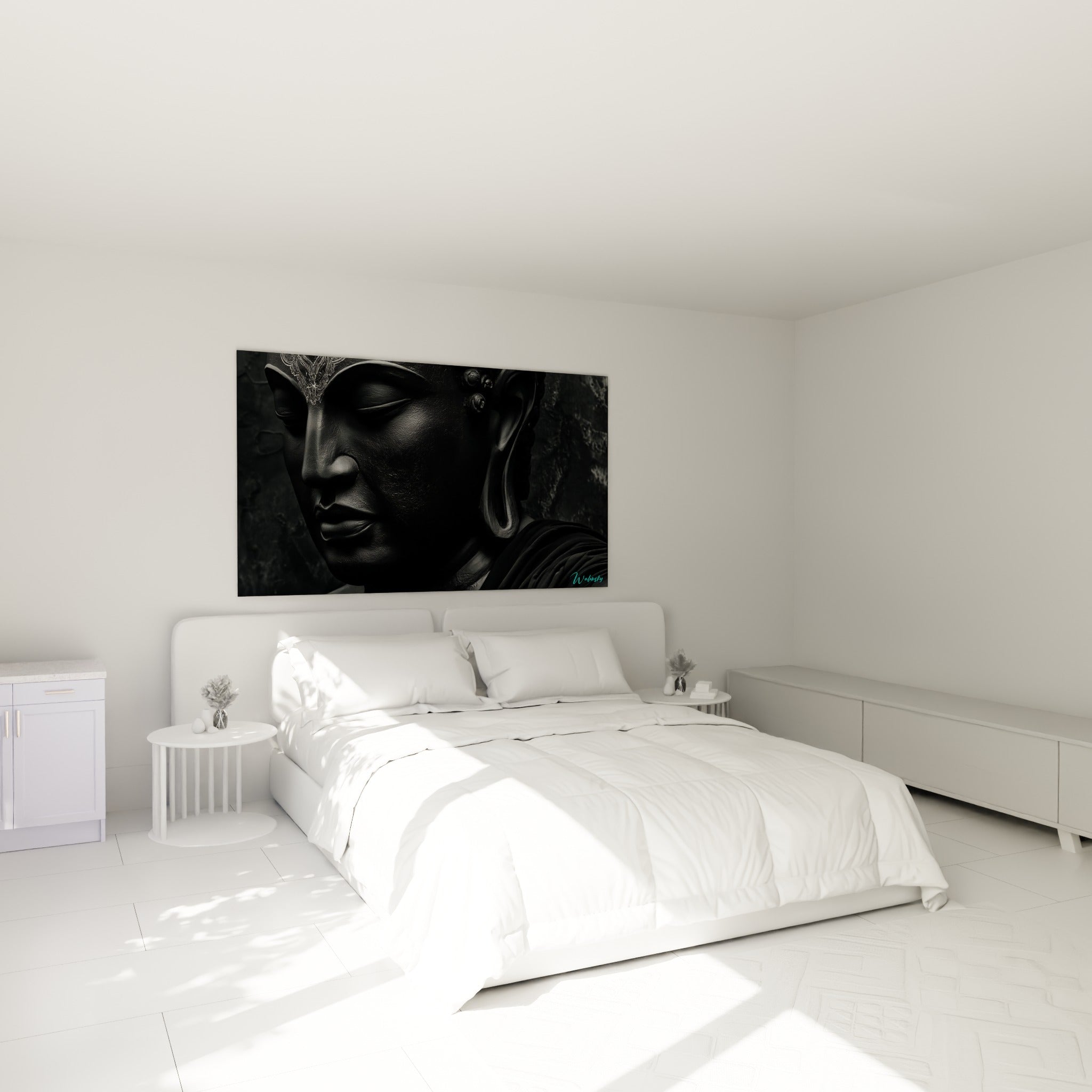 Bouddha au visage noir sculpté et reflets gris apaisants au-dessus d'un lit dans une chambre claire