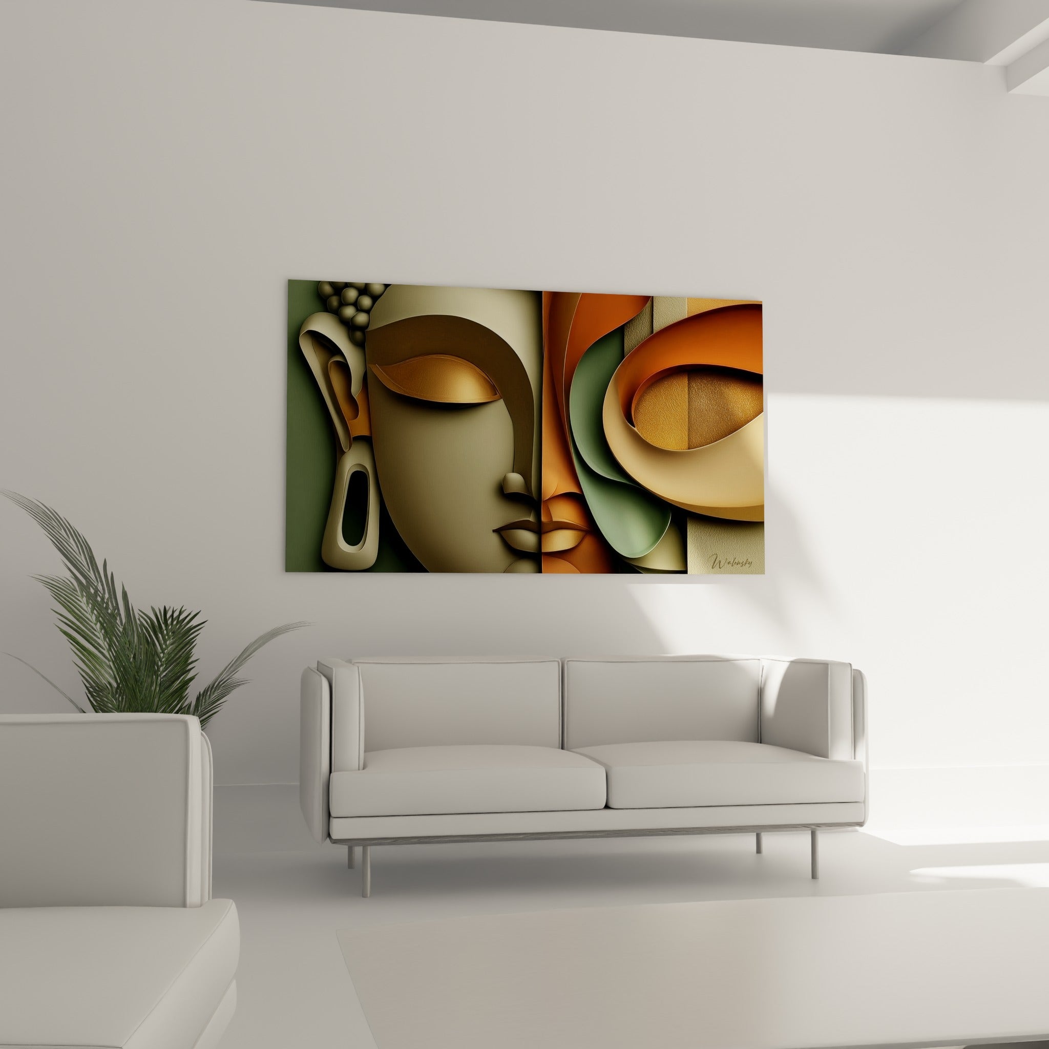 Silhouette de Bouddha aux teintes terracotta et anthracite, au-dessus d'un canapé dans un salon lumineux