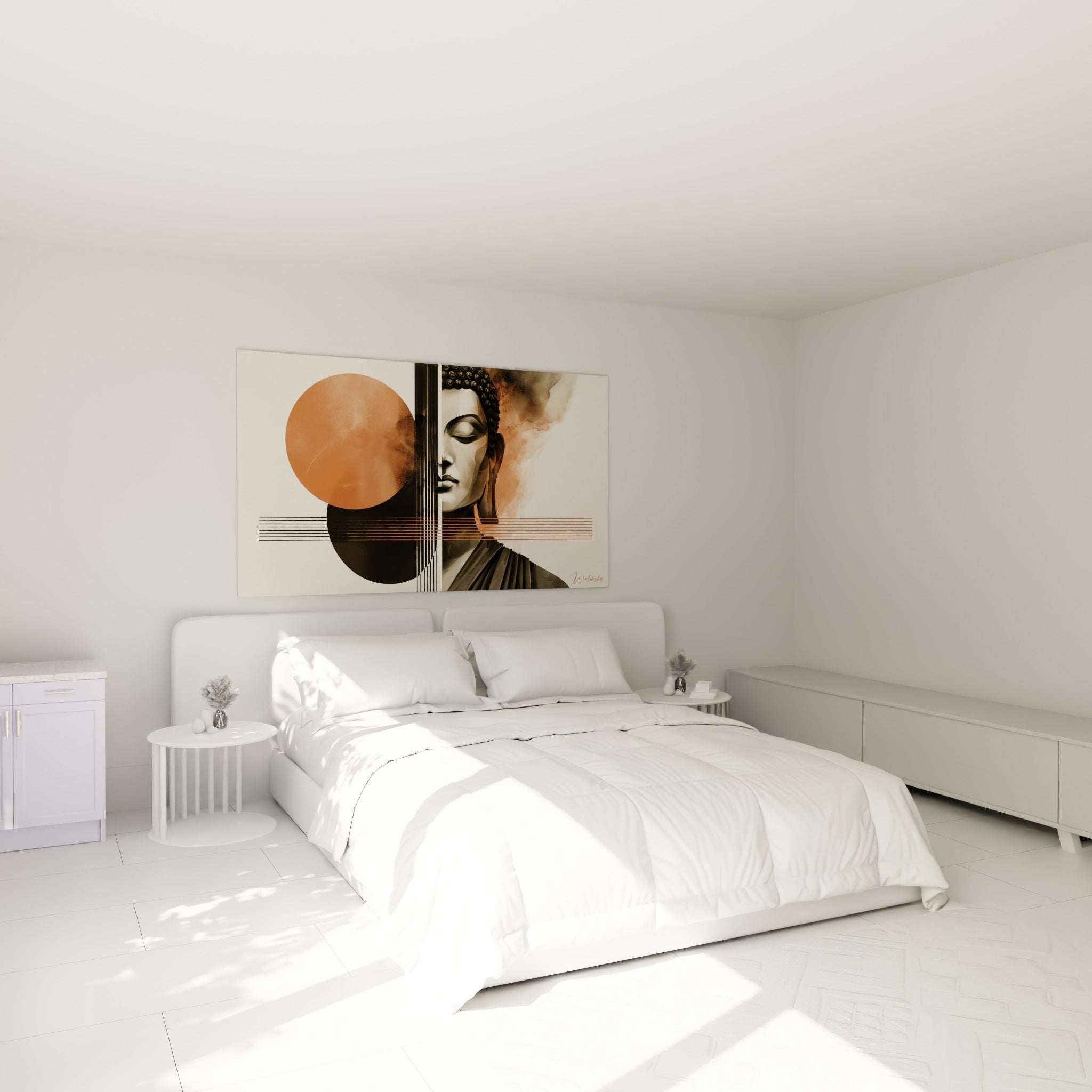 Bouddha sculptural en camaïeu terracotta et gris fumé, au-dessus d'un lit dans une chambre claire