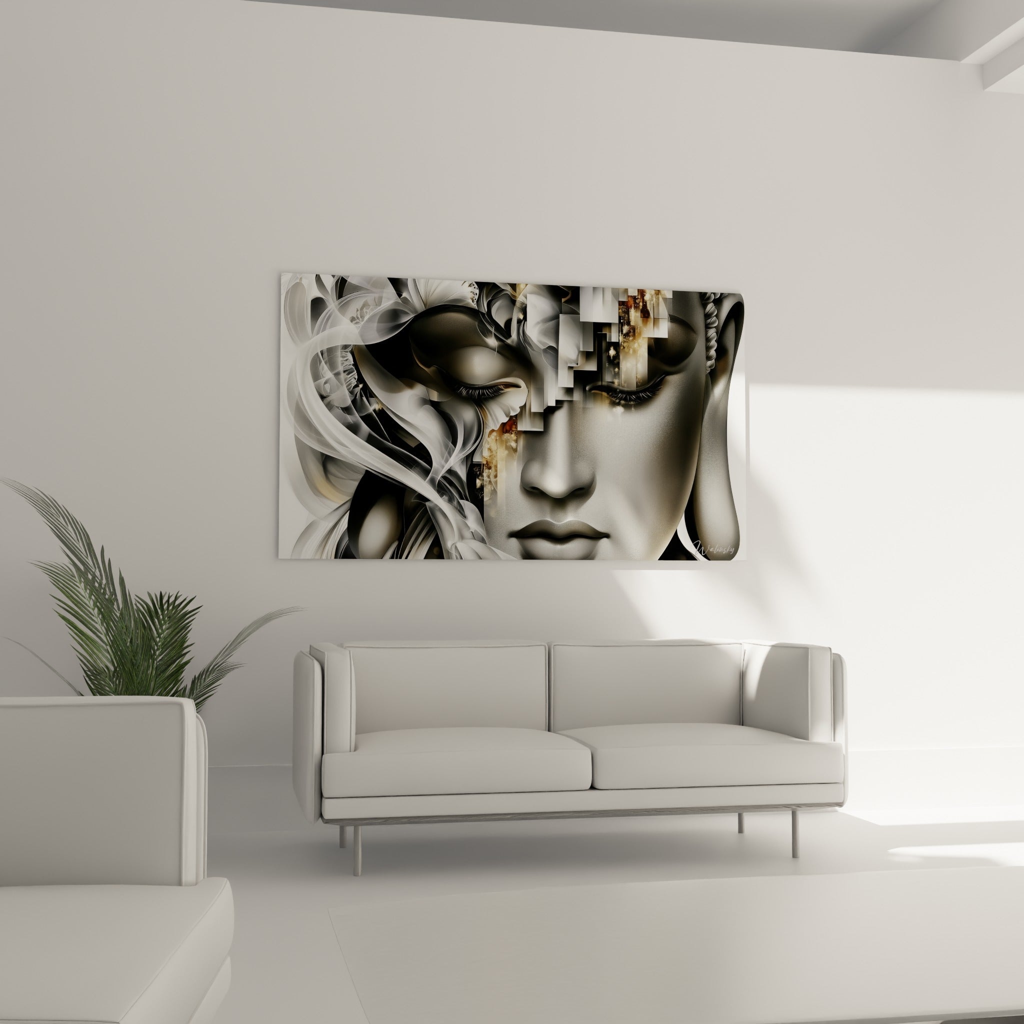 Portrait de Bouddha fragmenté en gris anthracite et doré, suspendu au-dessus d'un canapé dans un salon lumineux