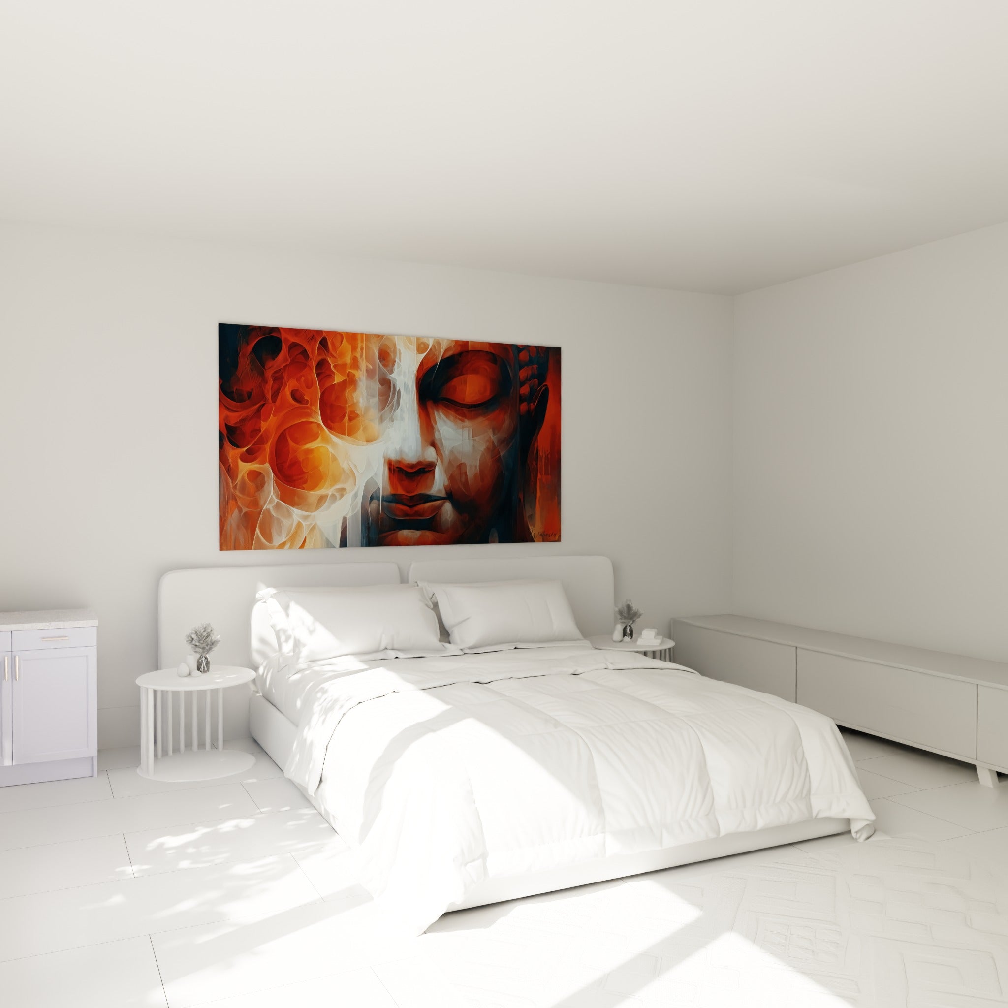 Bouddha méditatif en terracotta et blanc immaculé, accroché au-dessus d'un lit dans une chambre claire