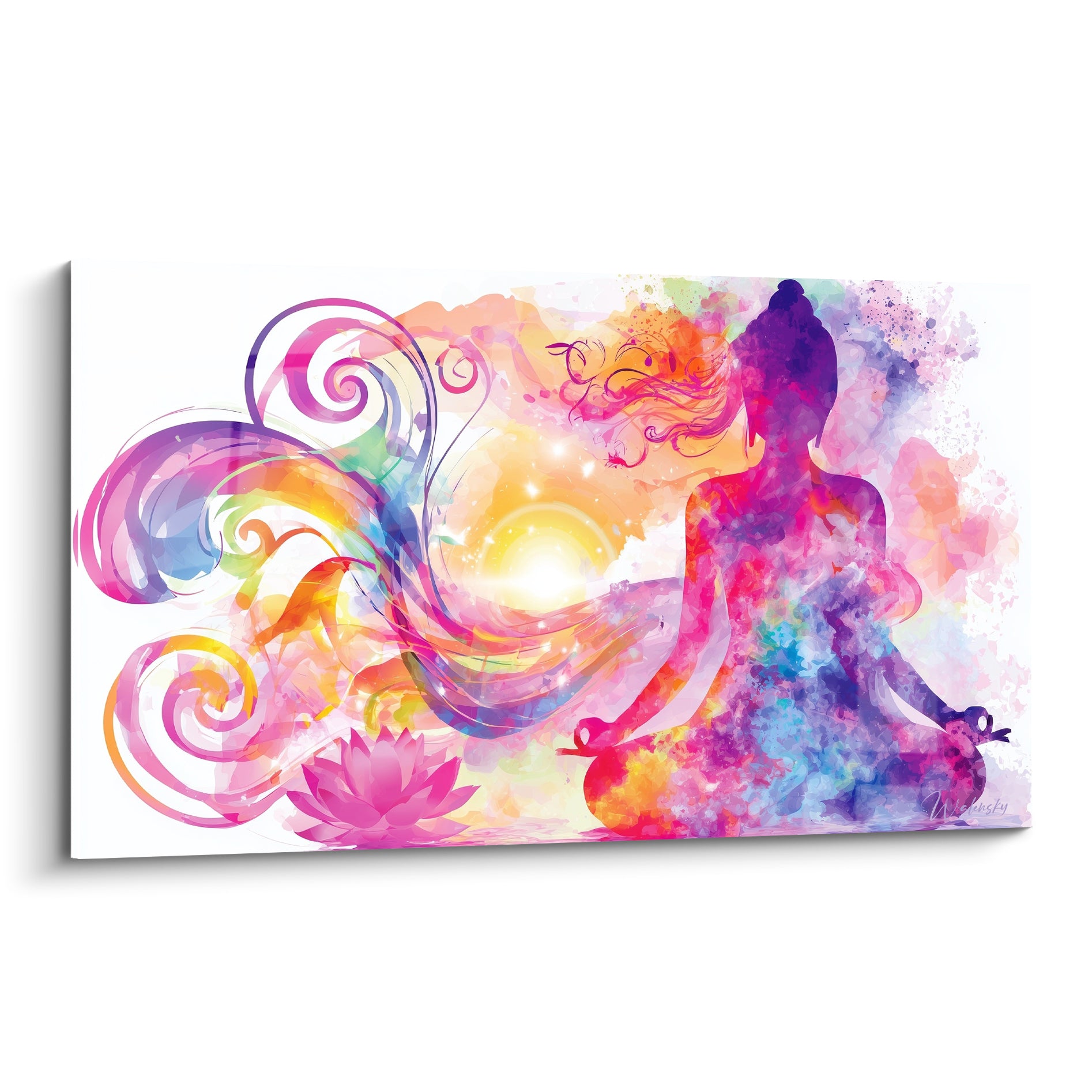 Bouddha en méditation aux teintes rose fuchsia et violet, halo doré en aquarelle éclatée