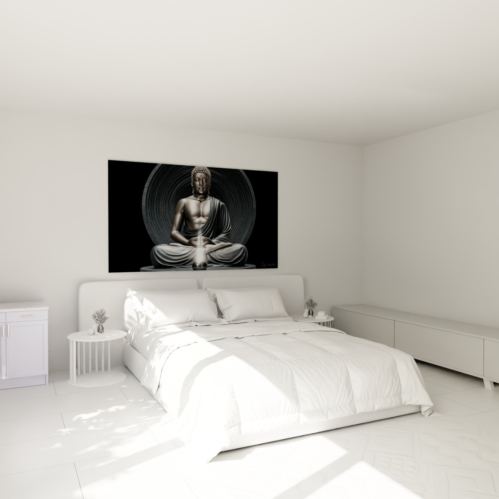 Bouddha argenté en posture de lotus, mains jointes lumineuses, au-dessus d'un lit dans une chambre claire