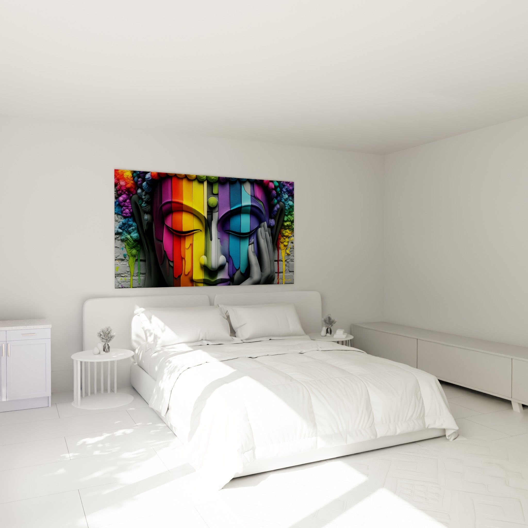 Visage de Bouddha coloré en violet et jaune accroché au-dessus d'un lit dans une chambre claire