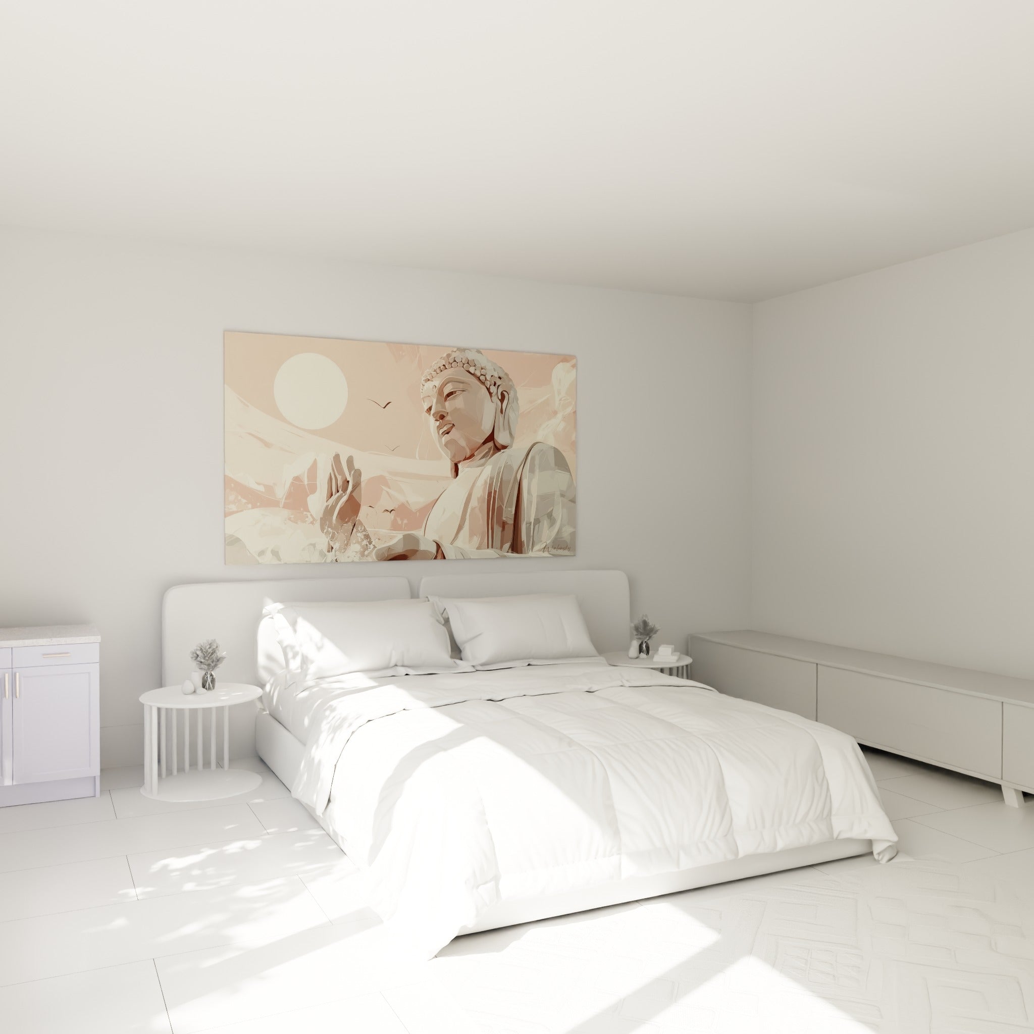 Statue de Bouddha rose et beige au geste apaisant, accrochée au-dessus d'un lit dans une chambre claire