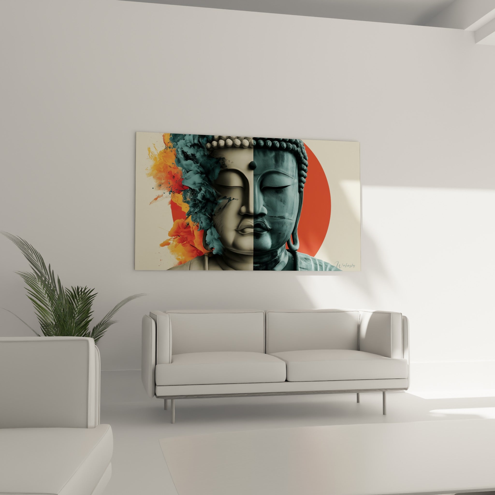 Symbolique du Bouddha bicolore gris clair et bleu pétrole, disposée au-dessus d'un canapé dans un salon lumineux