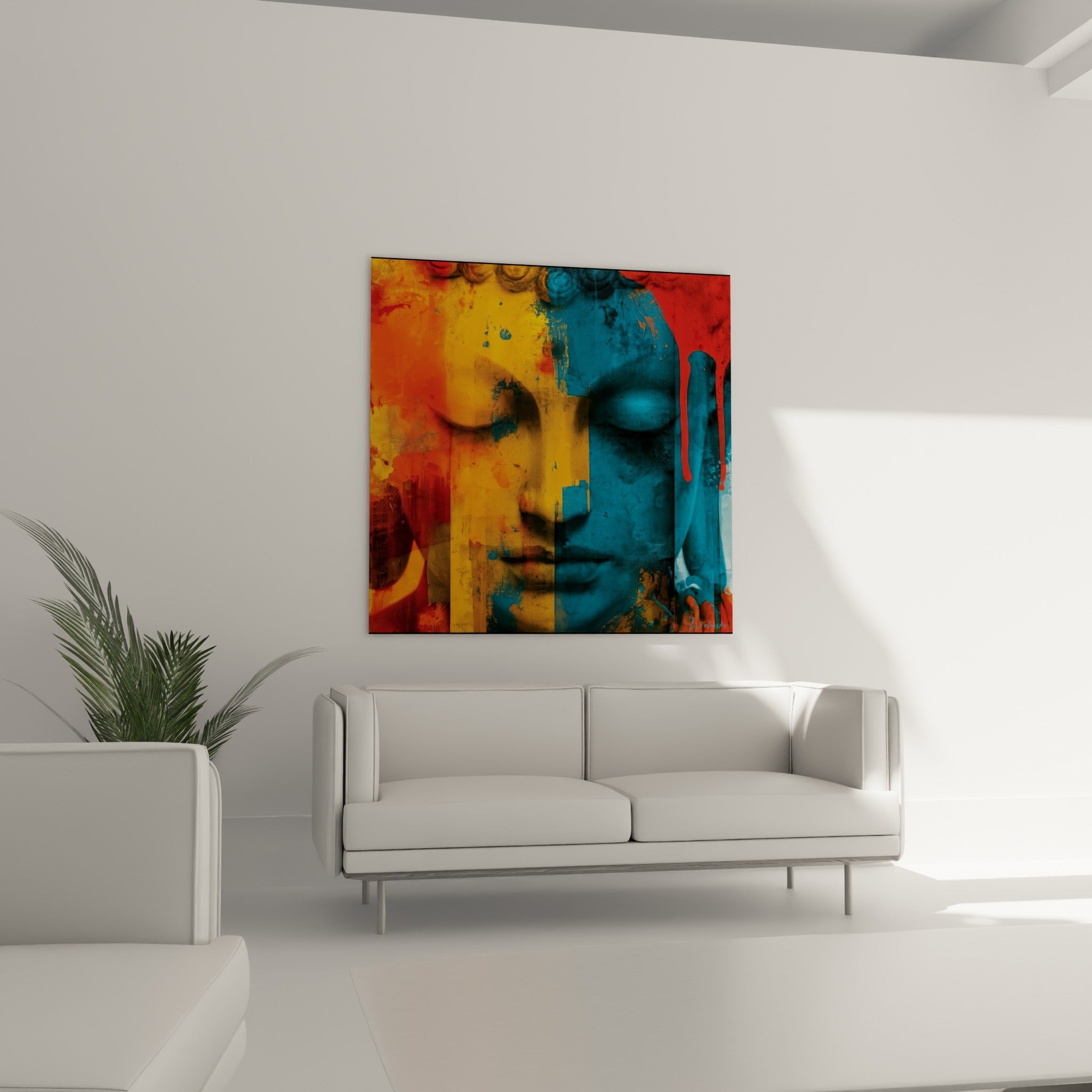Sérénité du Bouddha bicolore, rouge et bleu profond entremêlés, suspendue au-dessus d'un canapé dans un salon lumineux