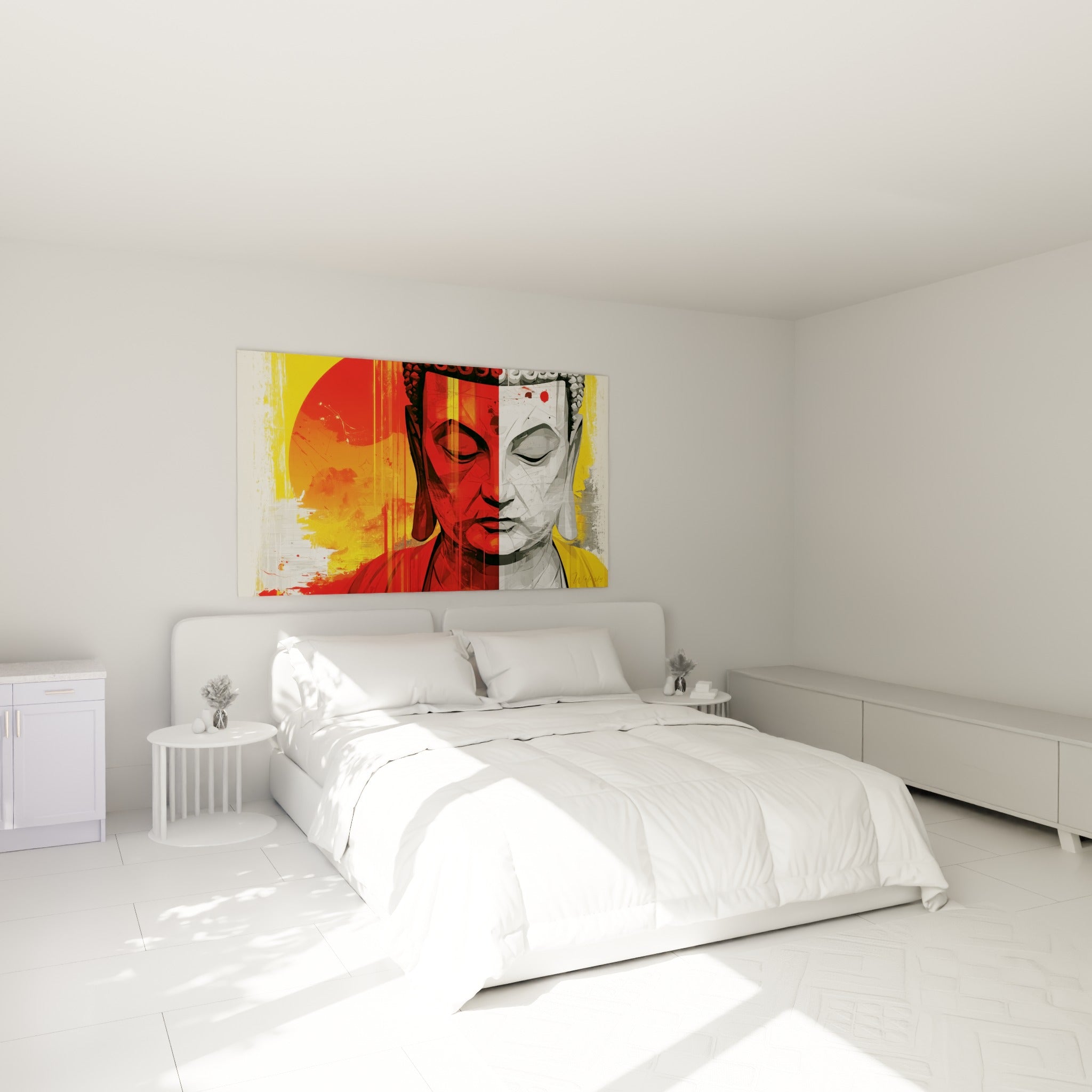 Bouddha bicolore rouge et gris aux paupières closes, accroché au-dessus d'un lit dans une chambre claire