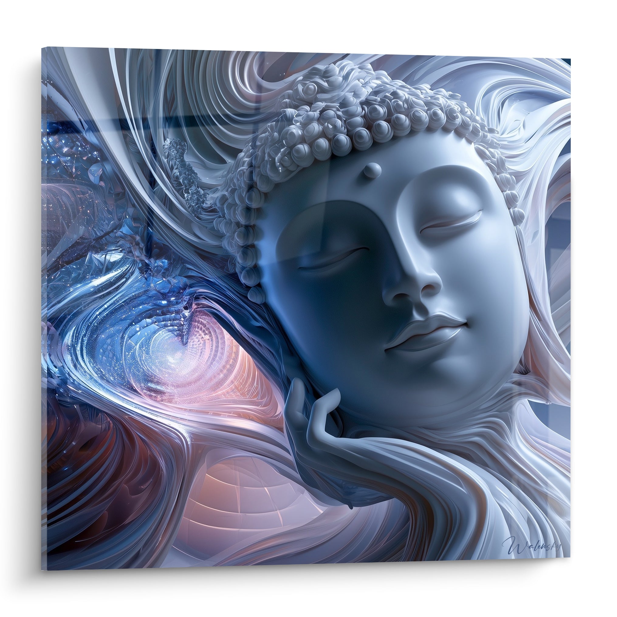 Bouddha aux traits bleu ardoise et volutes blanc ivoire, yeux clos, sculpture numérique fluide