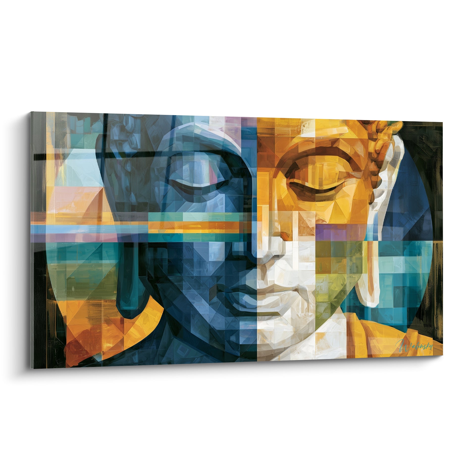 Bouddha aux yeux clos, visage bleu marine et doré, composition géométrique façon mosaïque