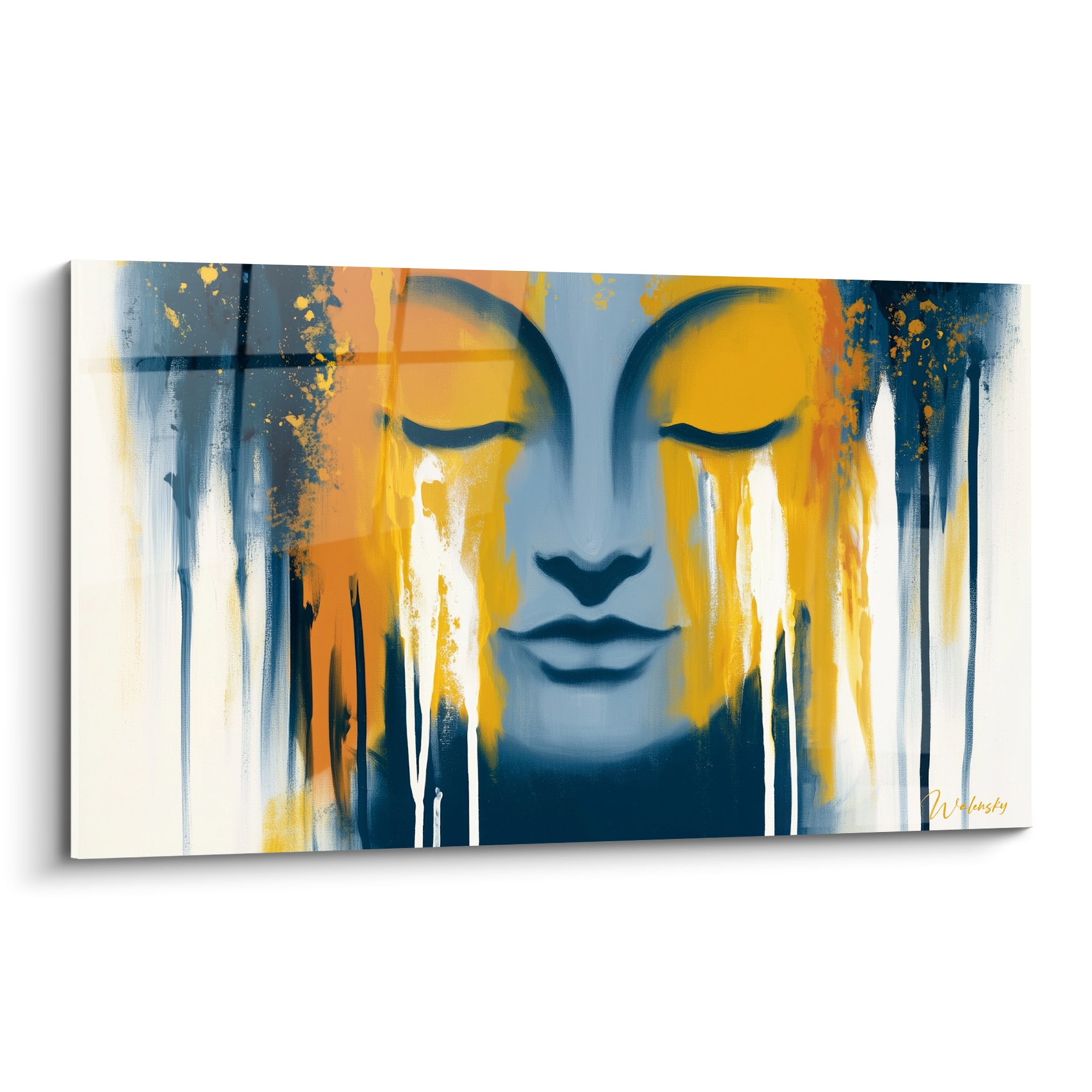 Bouddha aux yeux clos, visage bleu marine strié de coulures ocre et dorées ruisselantes