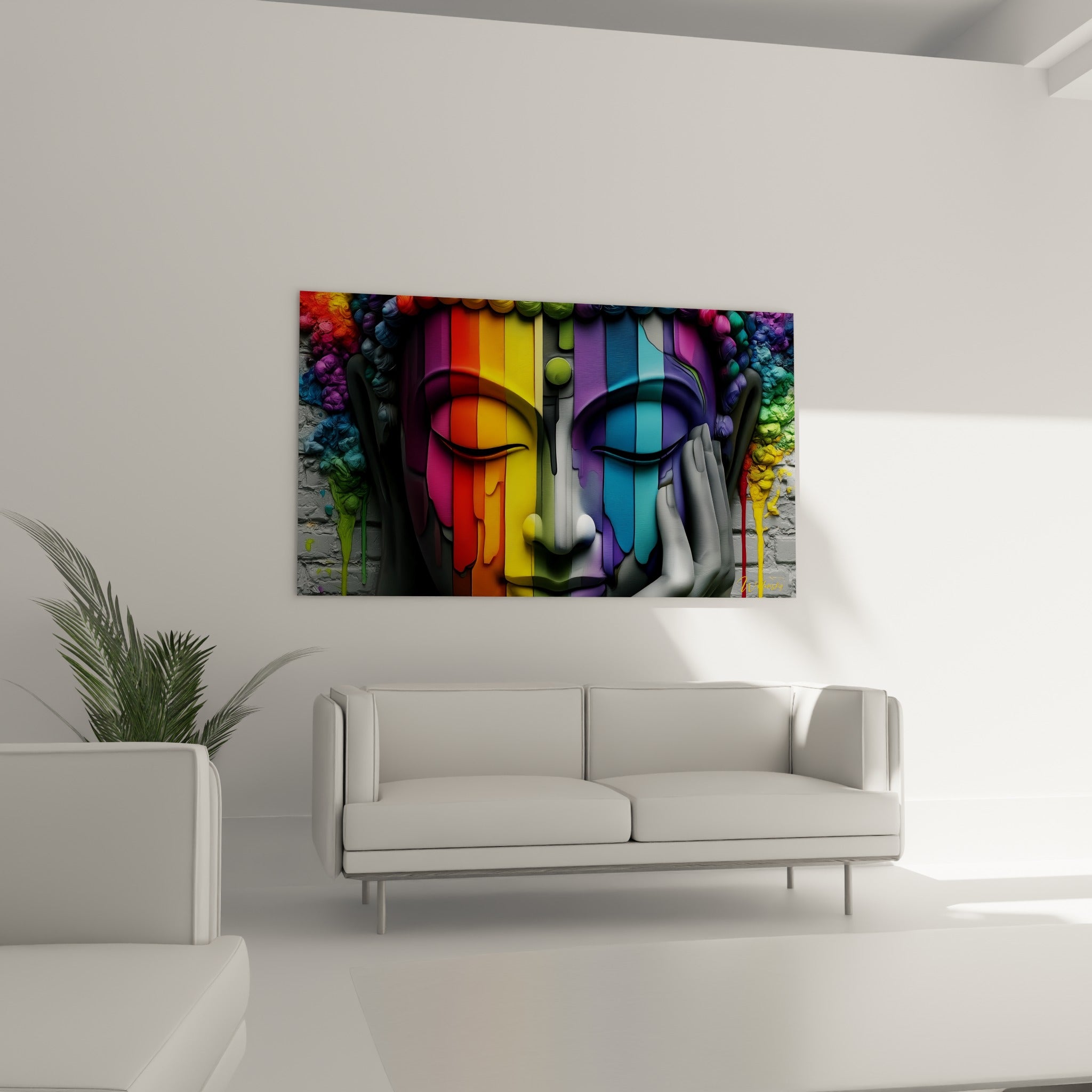 Bouddha serein aux teintes turquoise et ocre suspendu au-dessus d'un canapé dans un salon lumineux